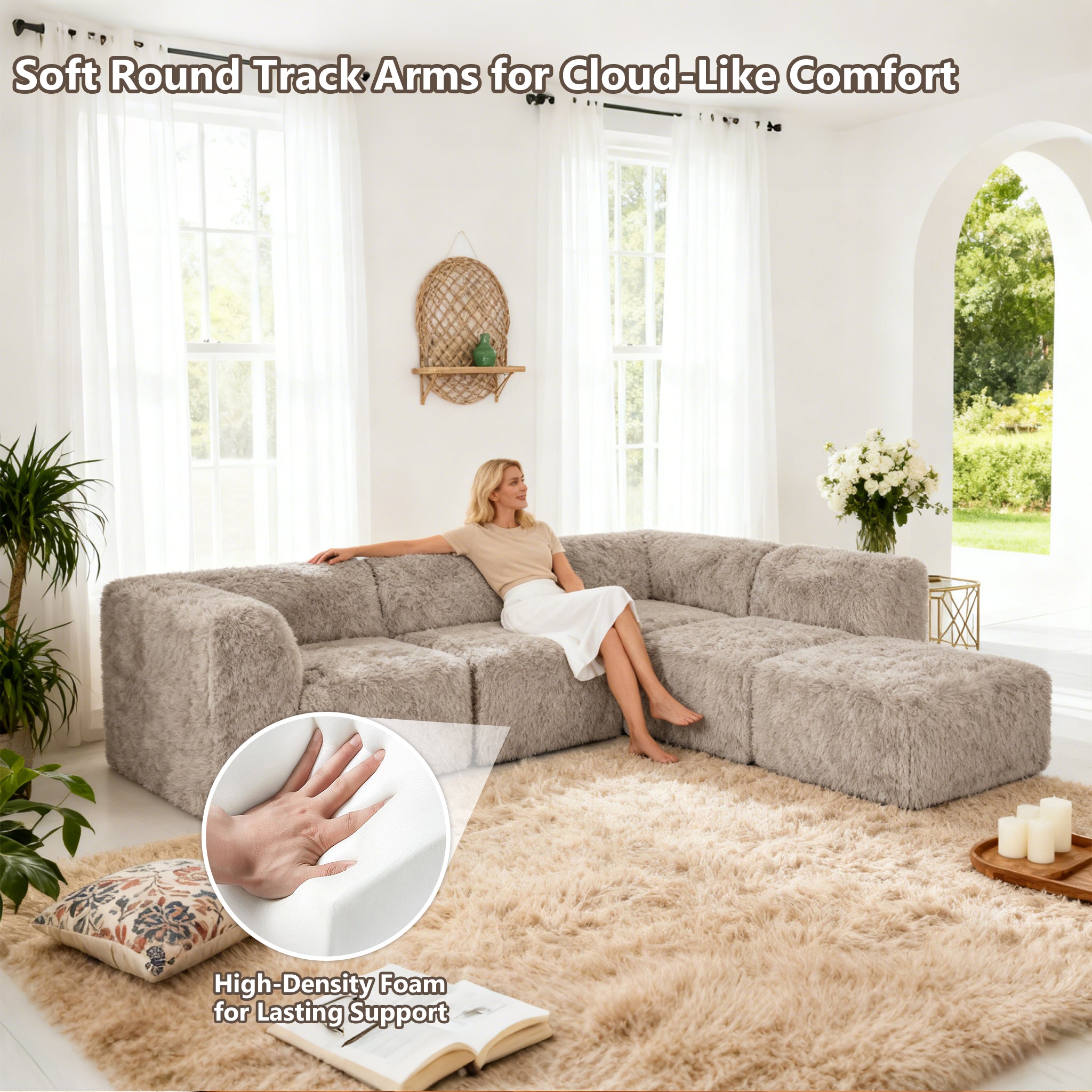 Taupe gray Sofa with One Arm and Chaise Extension with its rounded armrests and high-density foam support – a ladyis comfortably relaxing on the sofa