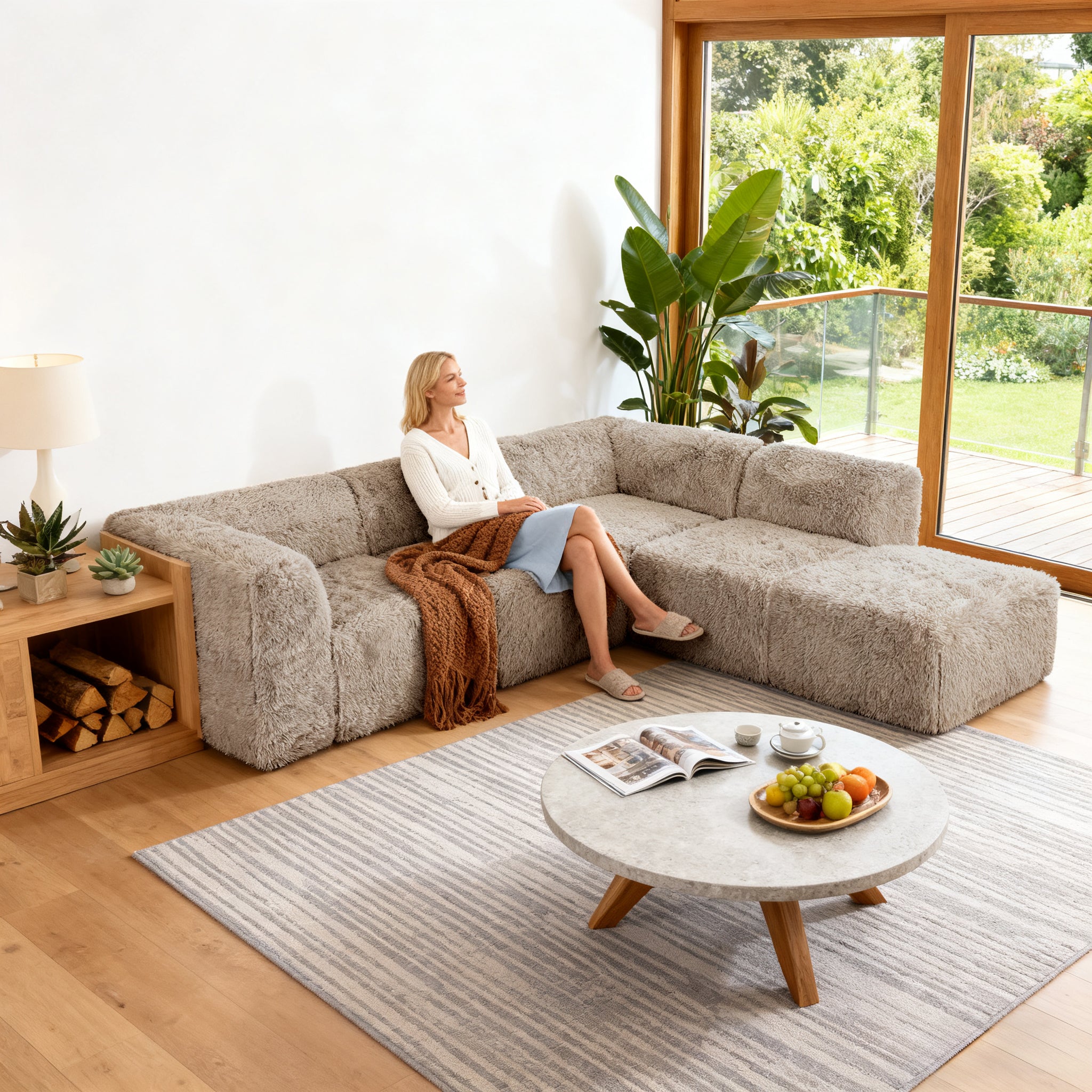 Taupe gray Sofa with One Arm and Chaise Extension  –Main Image of the Compressed Foam Faux Fur sofa