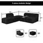 Black  Modular Sectional Sofa with Asymmetrical Single Backrest  –Full product dimensions chart showing length, width, height, and modular components.