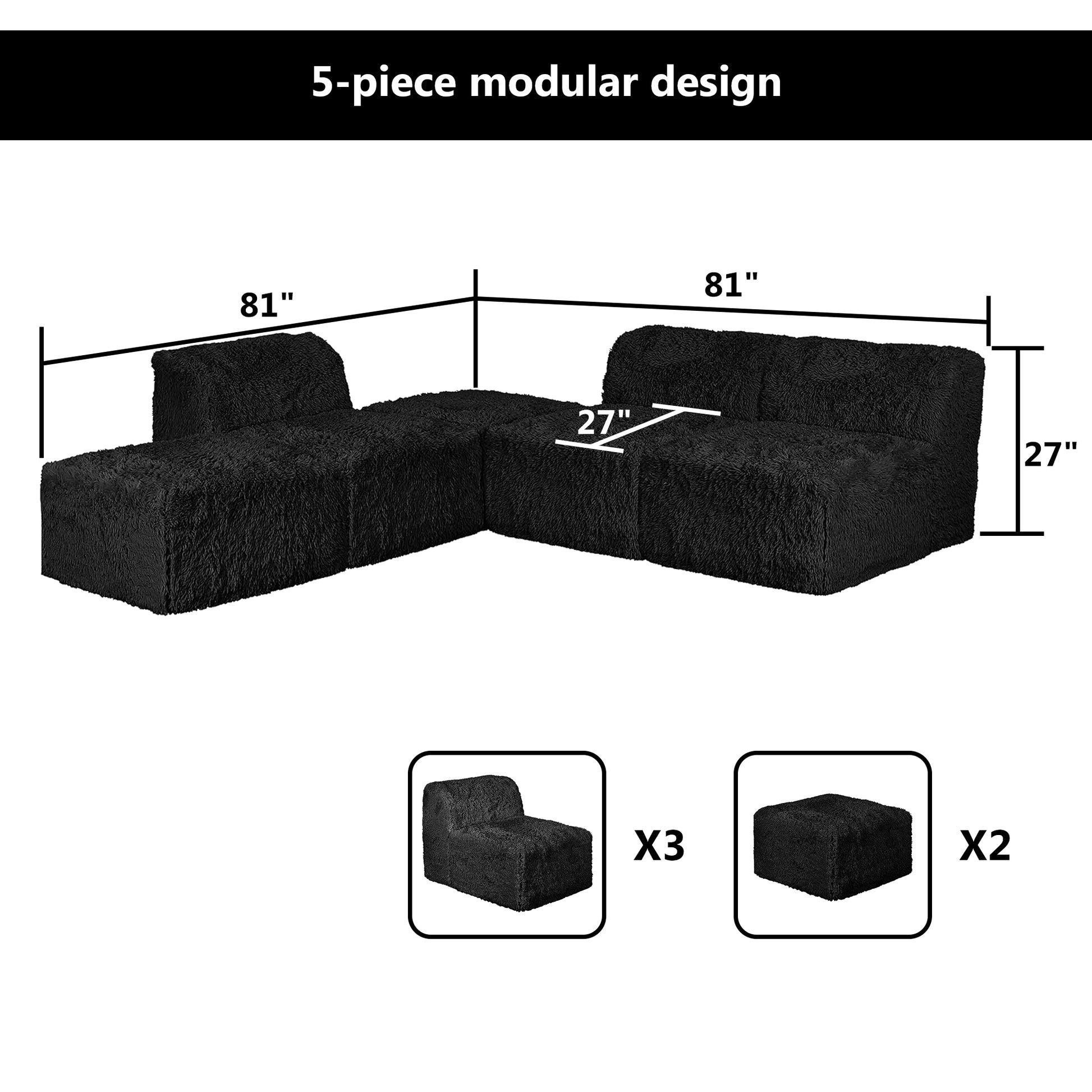 Black  Modular Sectional Sofa with Asymmetrical Single Backrest  –Full product dimensions chart showing length, width, height, and modular components.