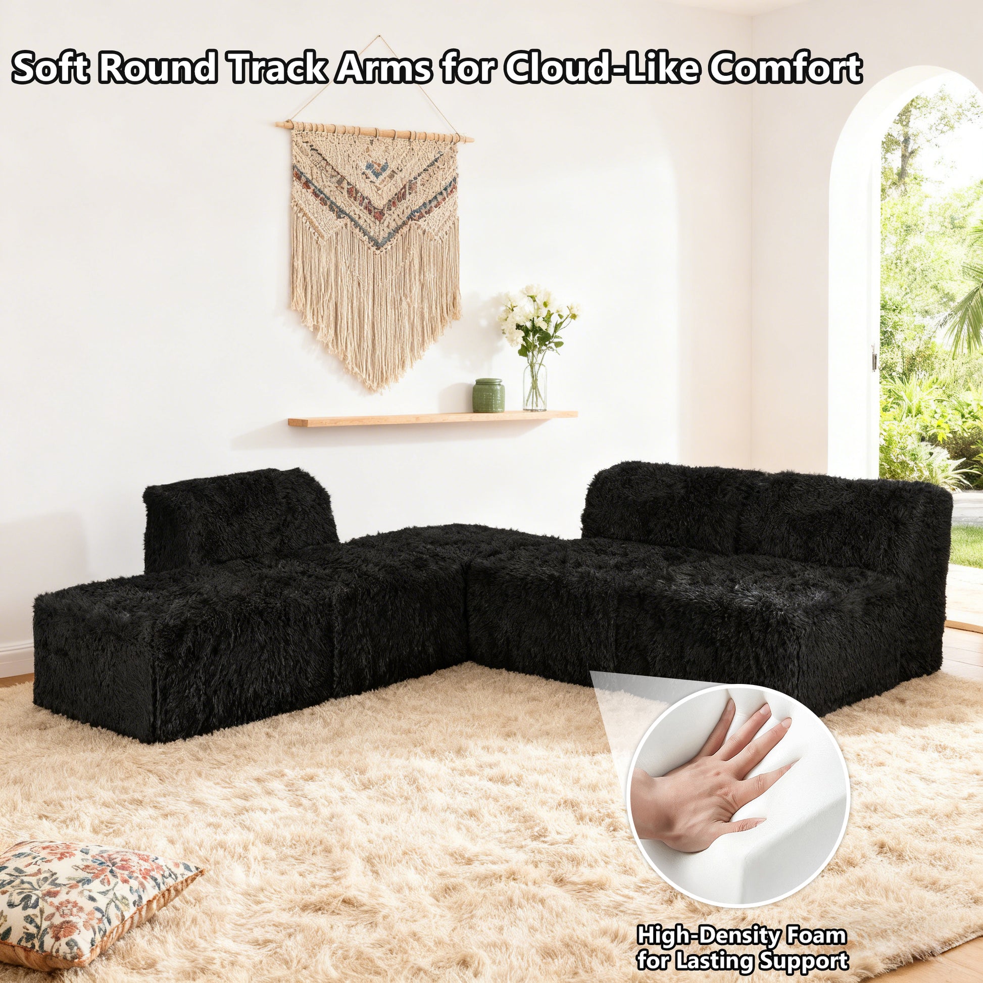 Black Modular Sectional Sofa with Asymmetrical Single Backrest  with its rounded armrests and high-density foam support