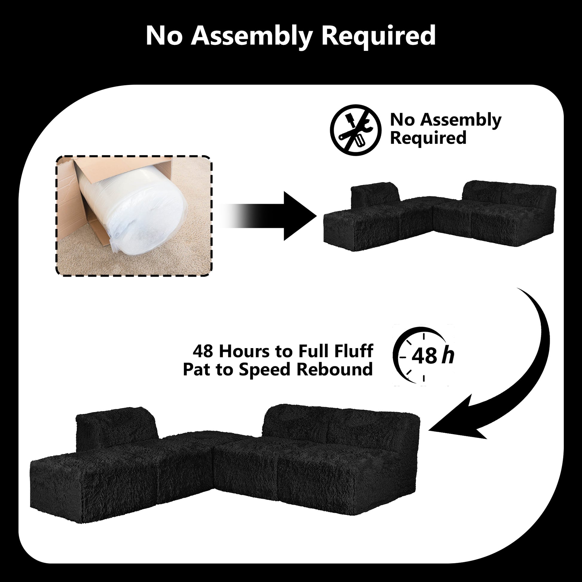 Black sofa comes in simple packaging and requires no assembly.