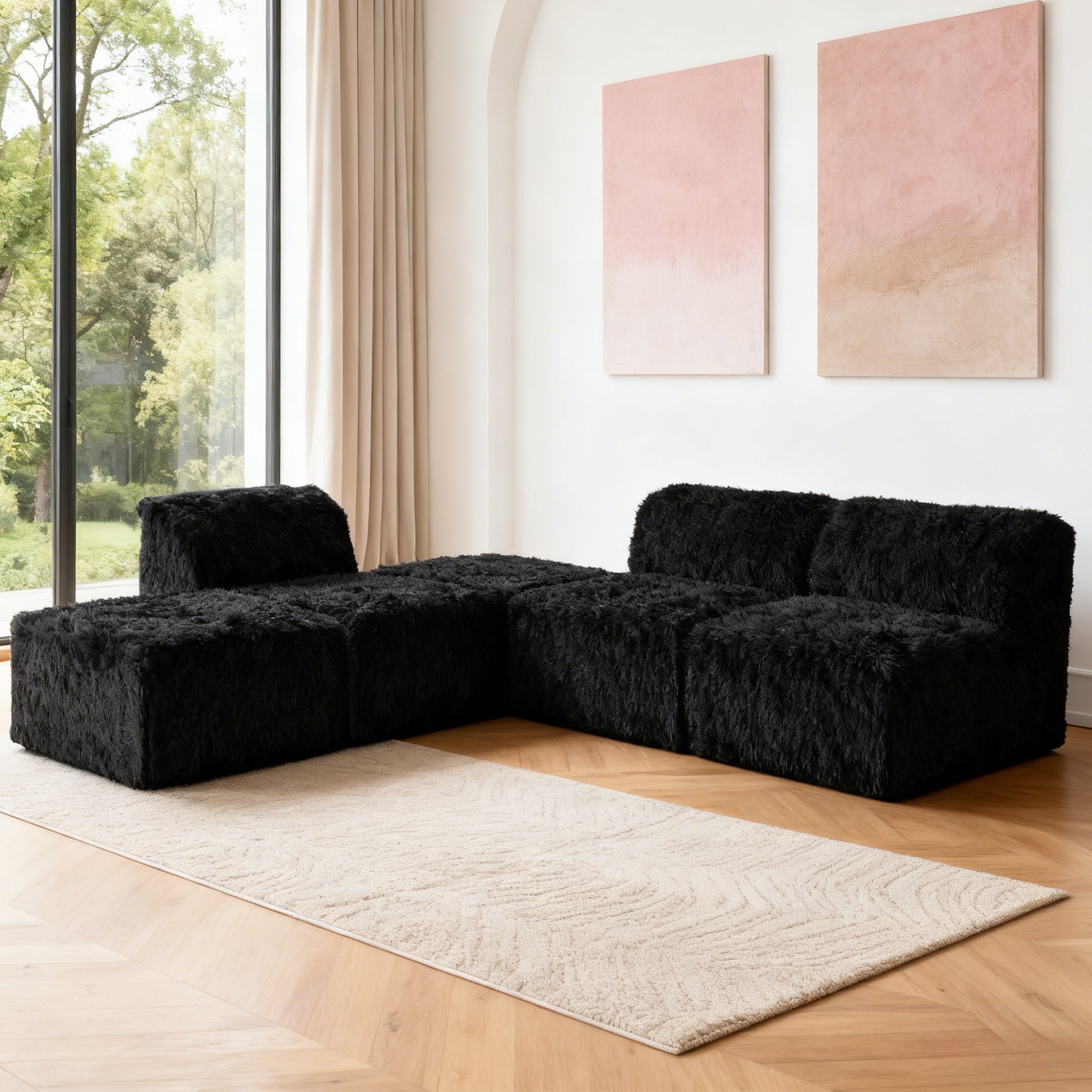 Black Modular Sectional Sofa with Asymmetrical Single Backrest  –Main Image of the Compressed Foam Faux Fur sofa