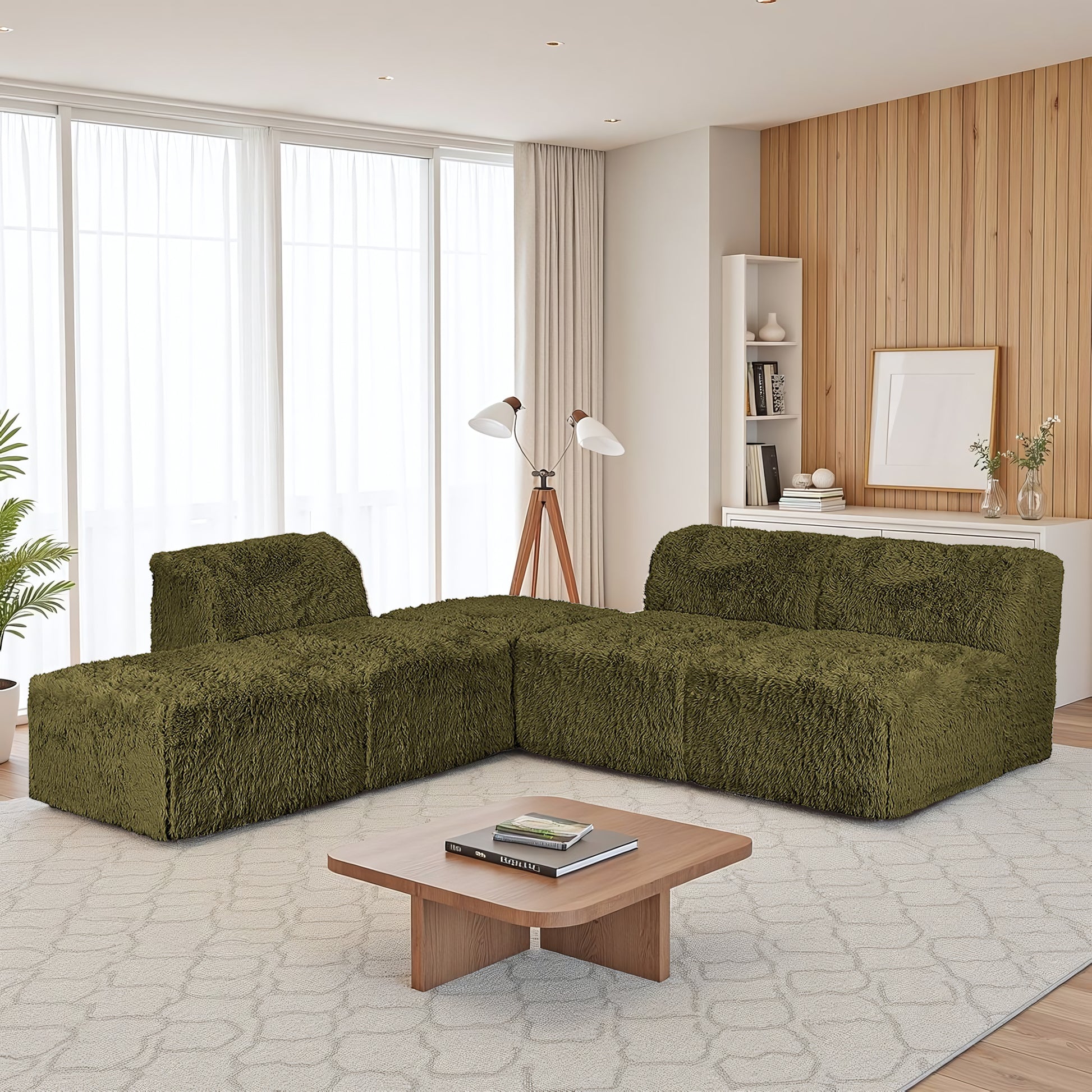 Olive green Modular Sectional Sofa with Asymmetrical Single Backrest   Additional lifestyle scenes showing everyday home use