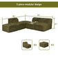 Olive green  Modular Sectional Sofa with Asymmetrical Single Backrest  –Full product dimensions chart showing length, width, height, and modular components.