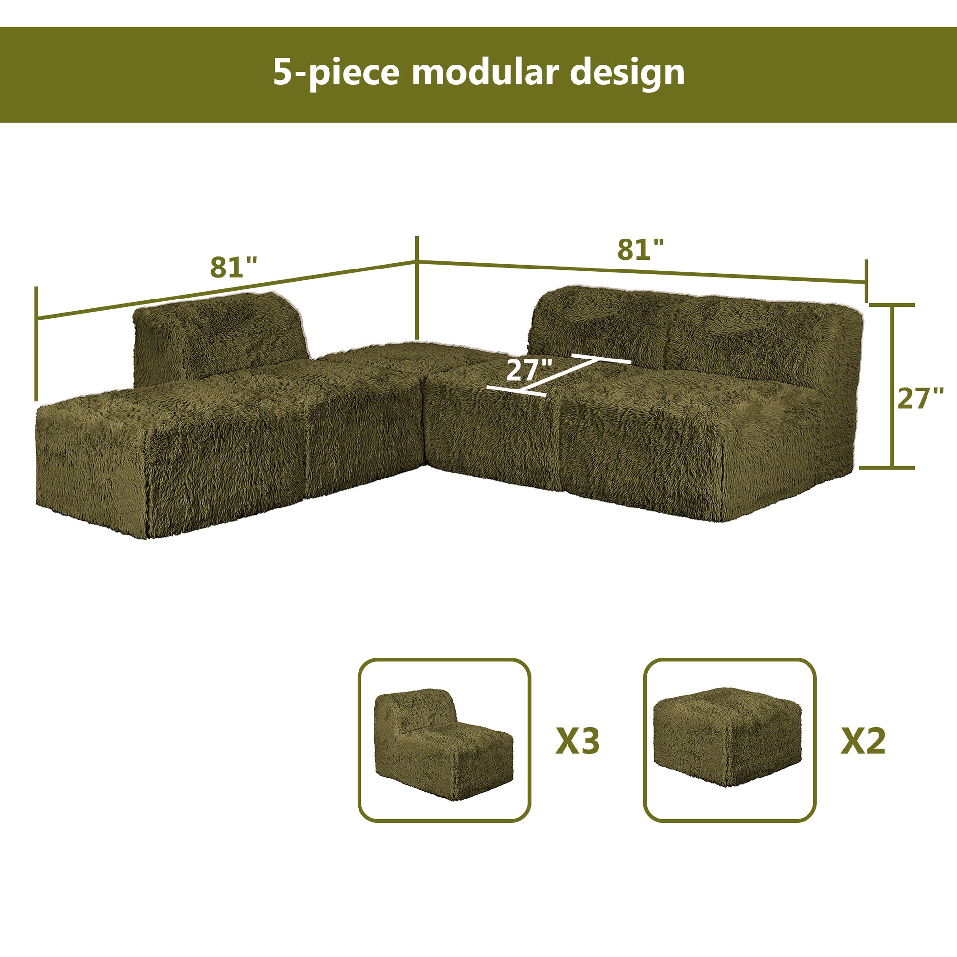 Olive green  Modular Sectional Sofa with Asymmetrical Single Backrest  –Full product dimensions chart showing length, width, height, and modular components.