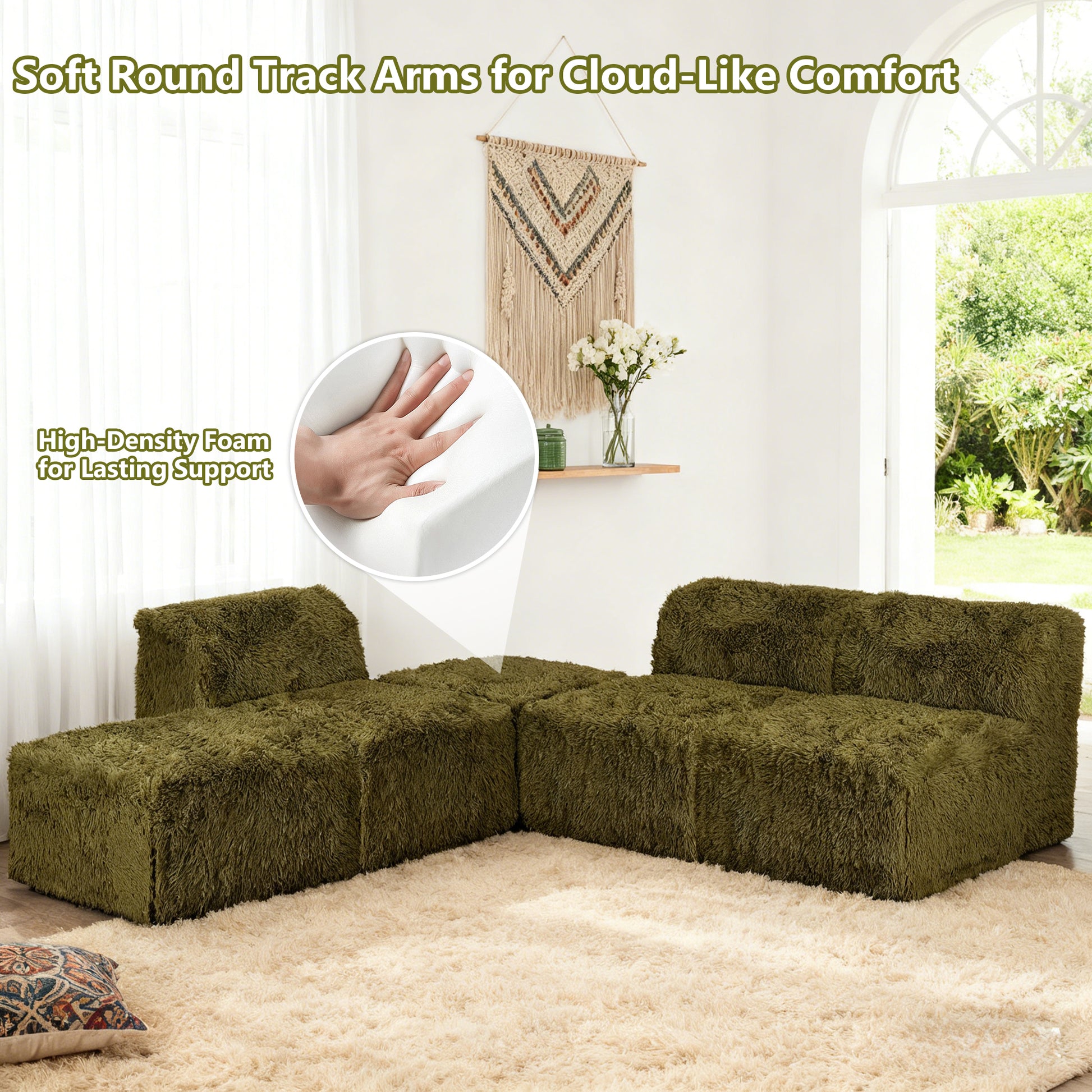 Olive green Modular Sectional Sofa with Asymmetrical Single Backrest  with its rounded armrests and high-density foam support
