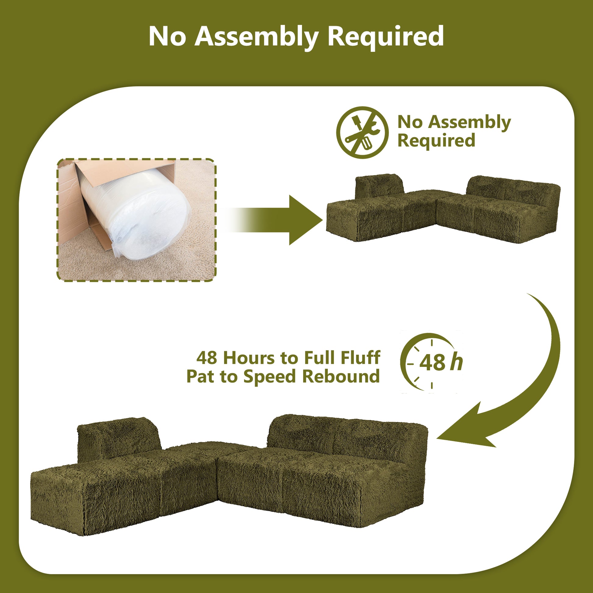 Olive green sofa comes in simple packaging and requires no assembly.