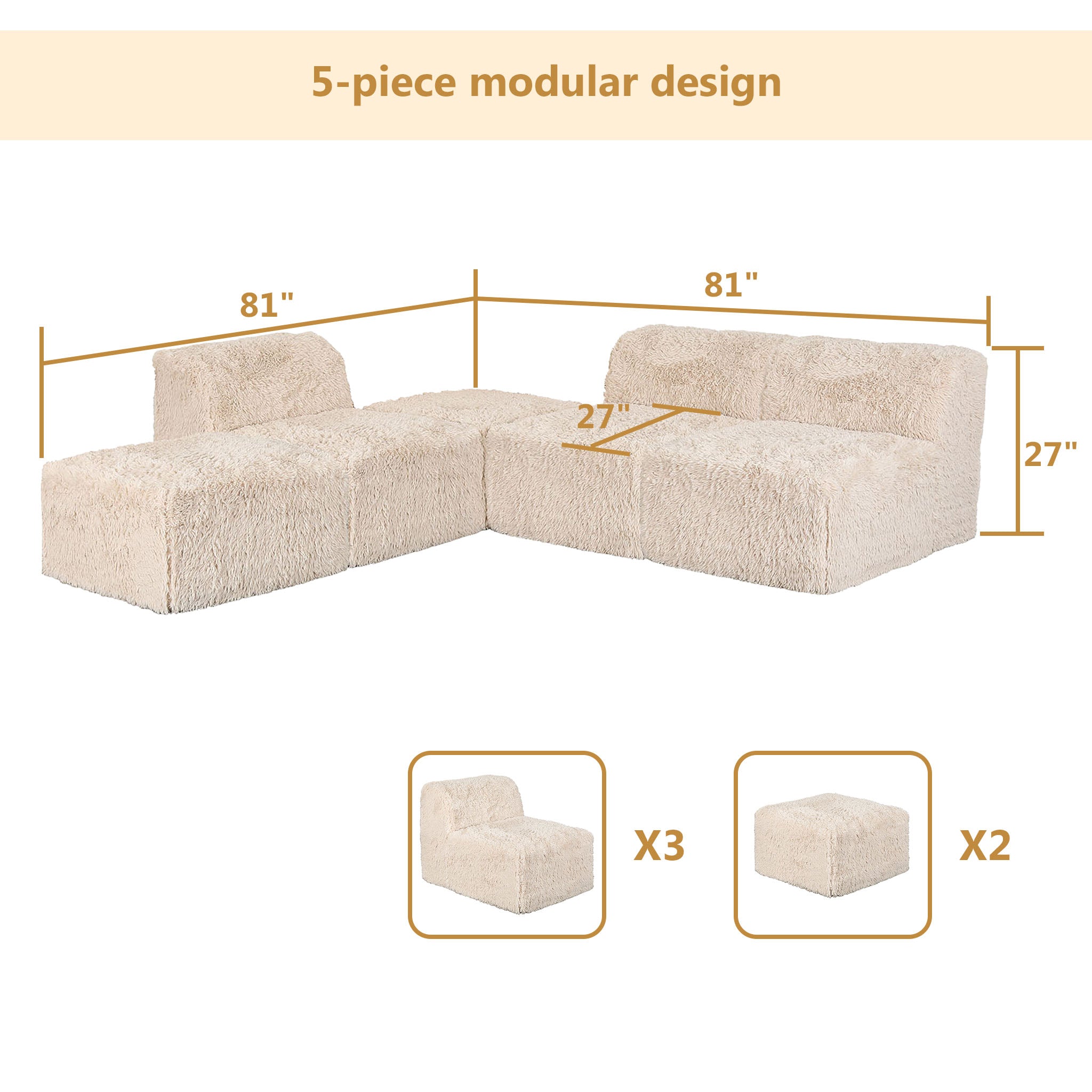 Soft sand Modular Sectional Sofa with Asymmetrical Single Backrest  –Full product dimensions chart showing length, width, height, and modular components.