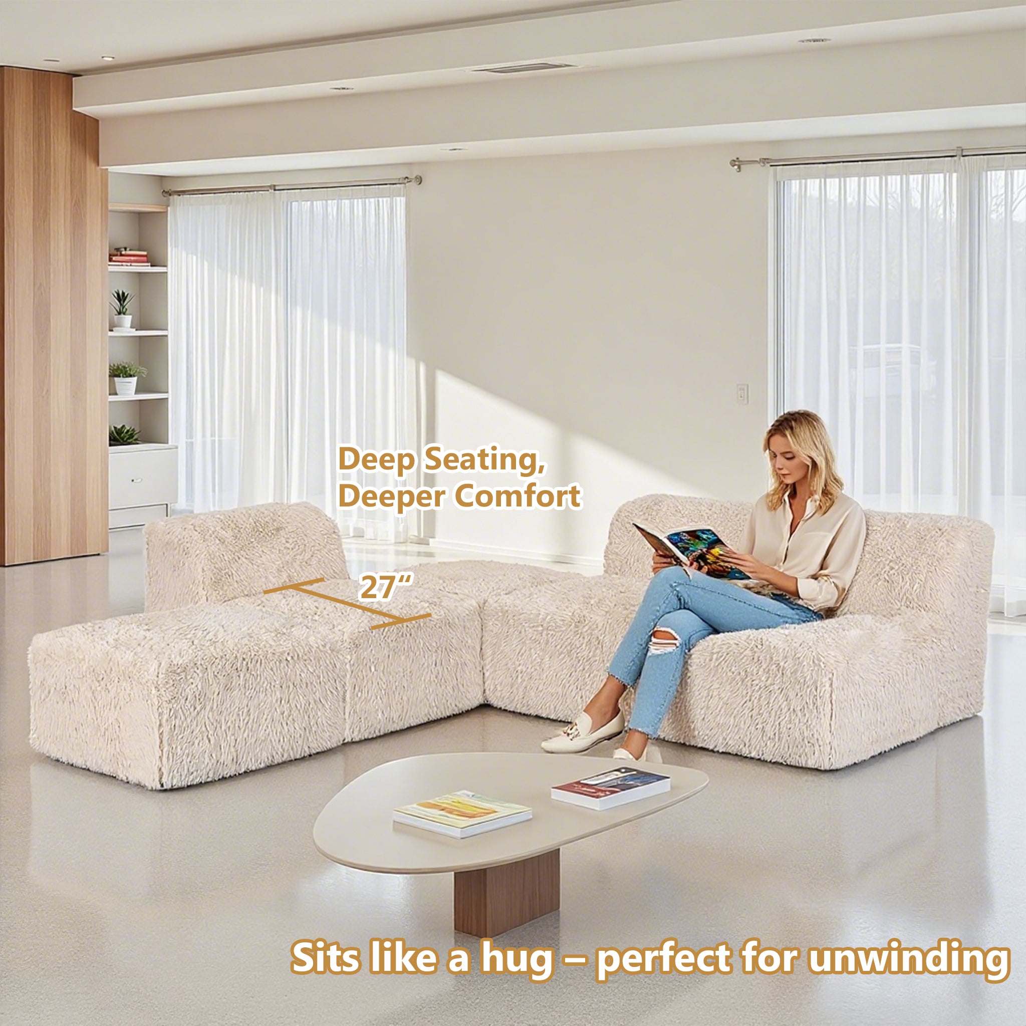 Soft sand Modular Sectional Sofa with Asymmetrical Single Backrest  showcases its deep seating design– a lady comfortably enjoys reading time on the sofa