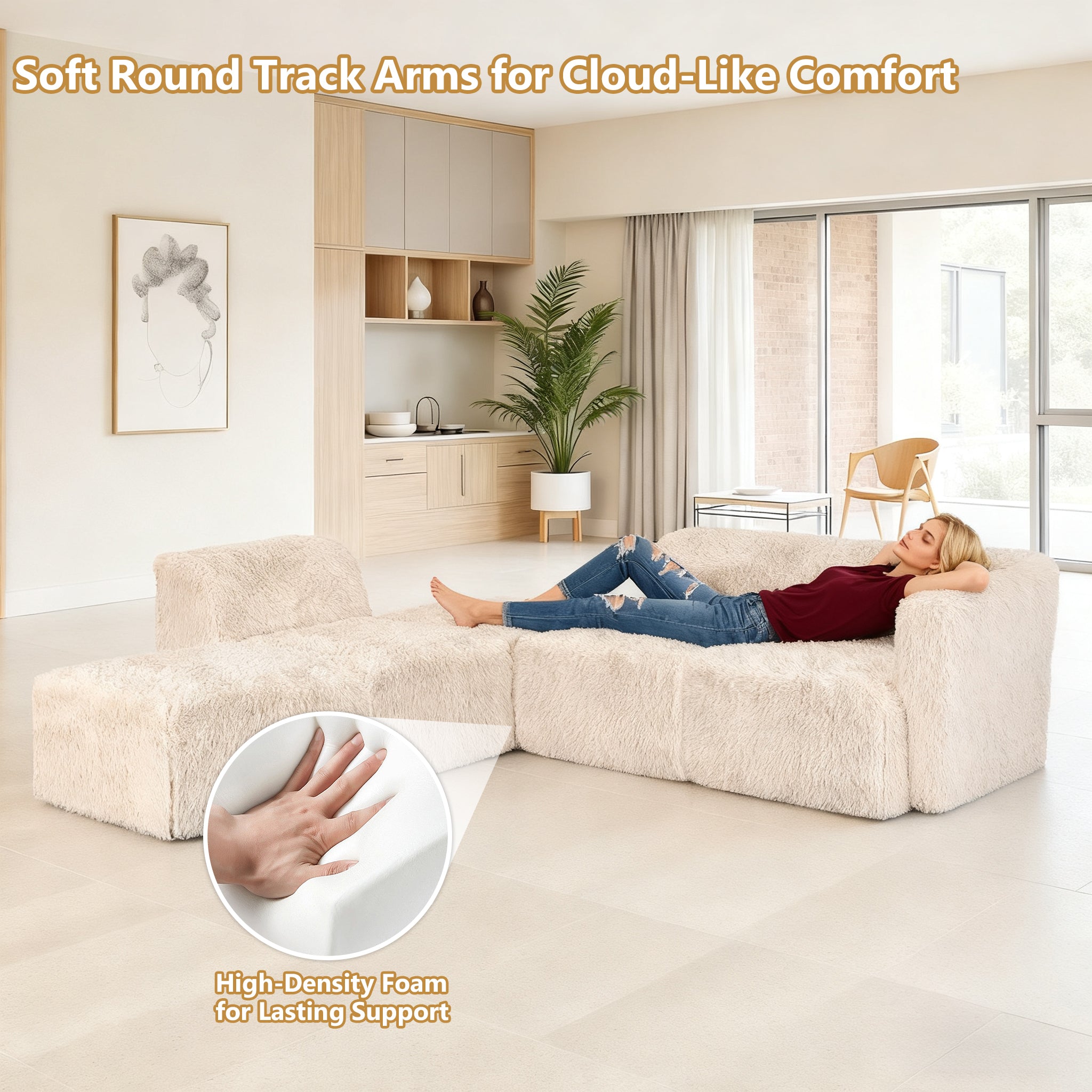 Soft sand Modular Sectional Sofa with Asymmetrical Single Backrest  with its rounded armrests and high-density foam support – a ladyis comfortably relaxing on the sofa