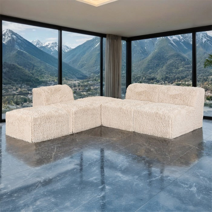 Soft sand Modular Sectional Sofa with Asymmetrical Single Backrest   Additional lifestyle scenes showing everyday home use