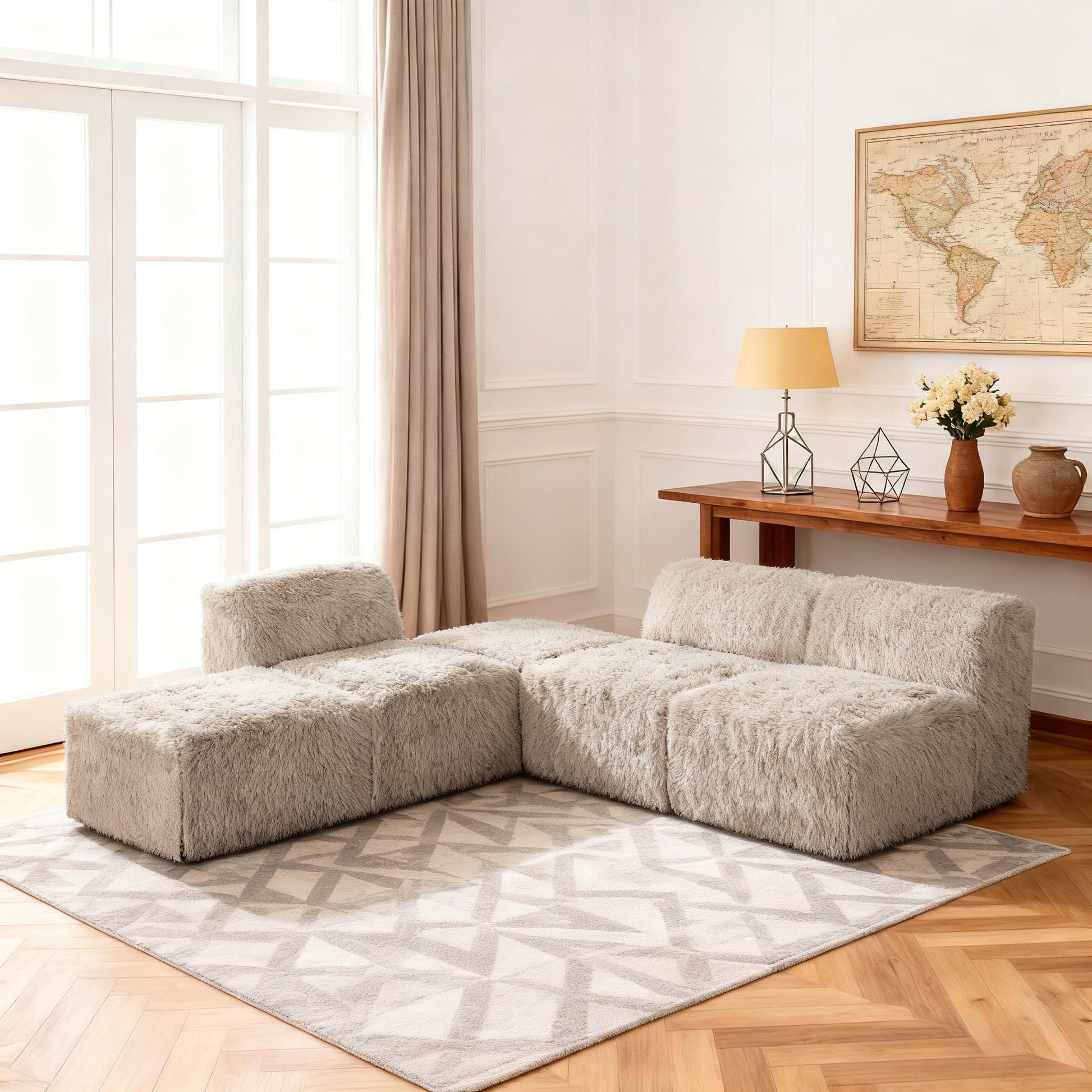 Taupe gray Modular Sectional Sofa with Asymmetrical Single Backrest   Additional lifestyle scenes showing everyday home use