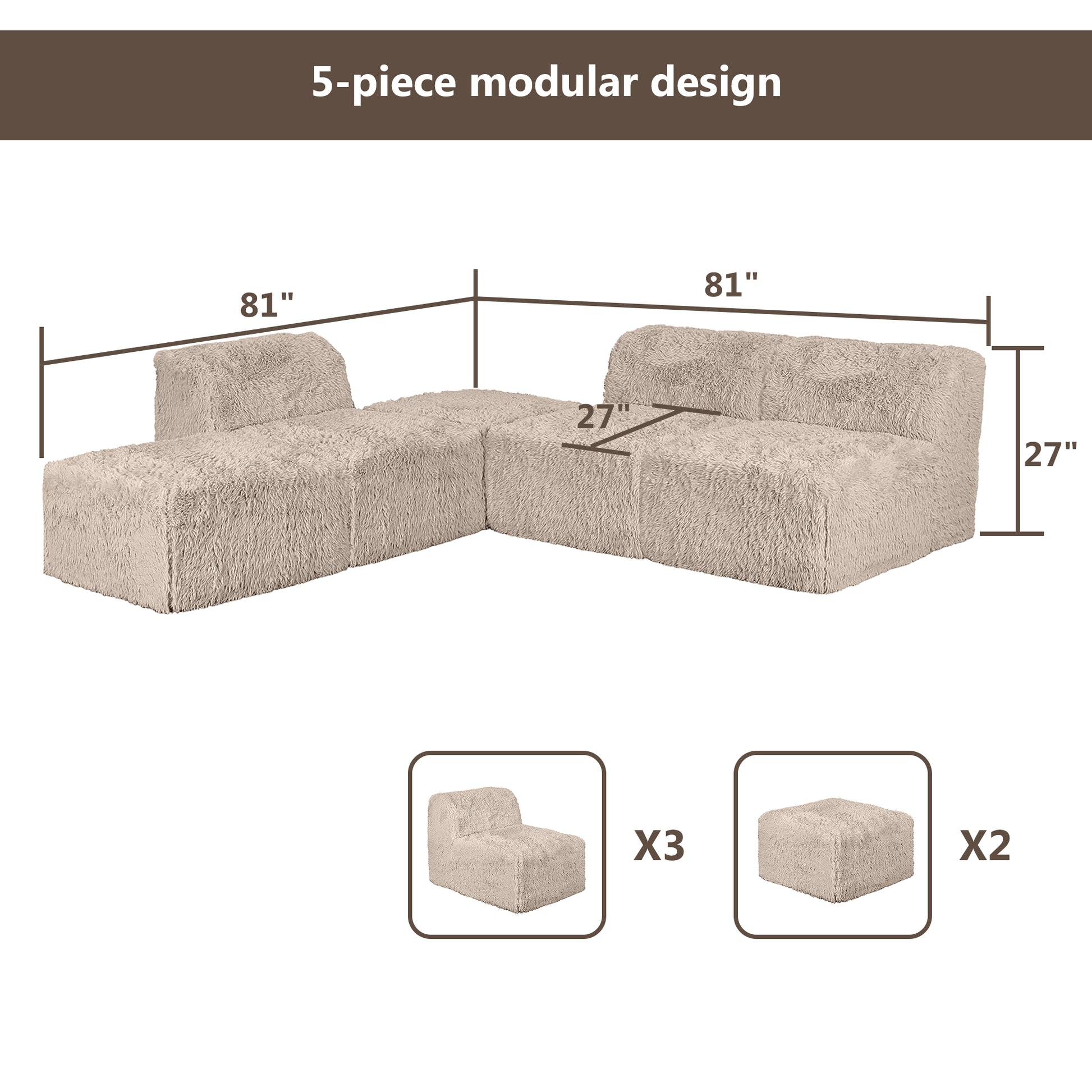 Taupe gray  Modular Sectional Sofa with Asymmetrical Single Backrest  –Full product dimensions chart showing length, width, height, and modular components.