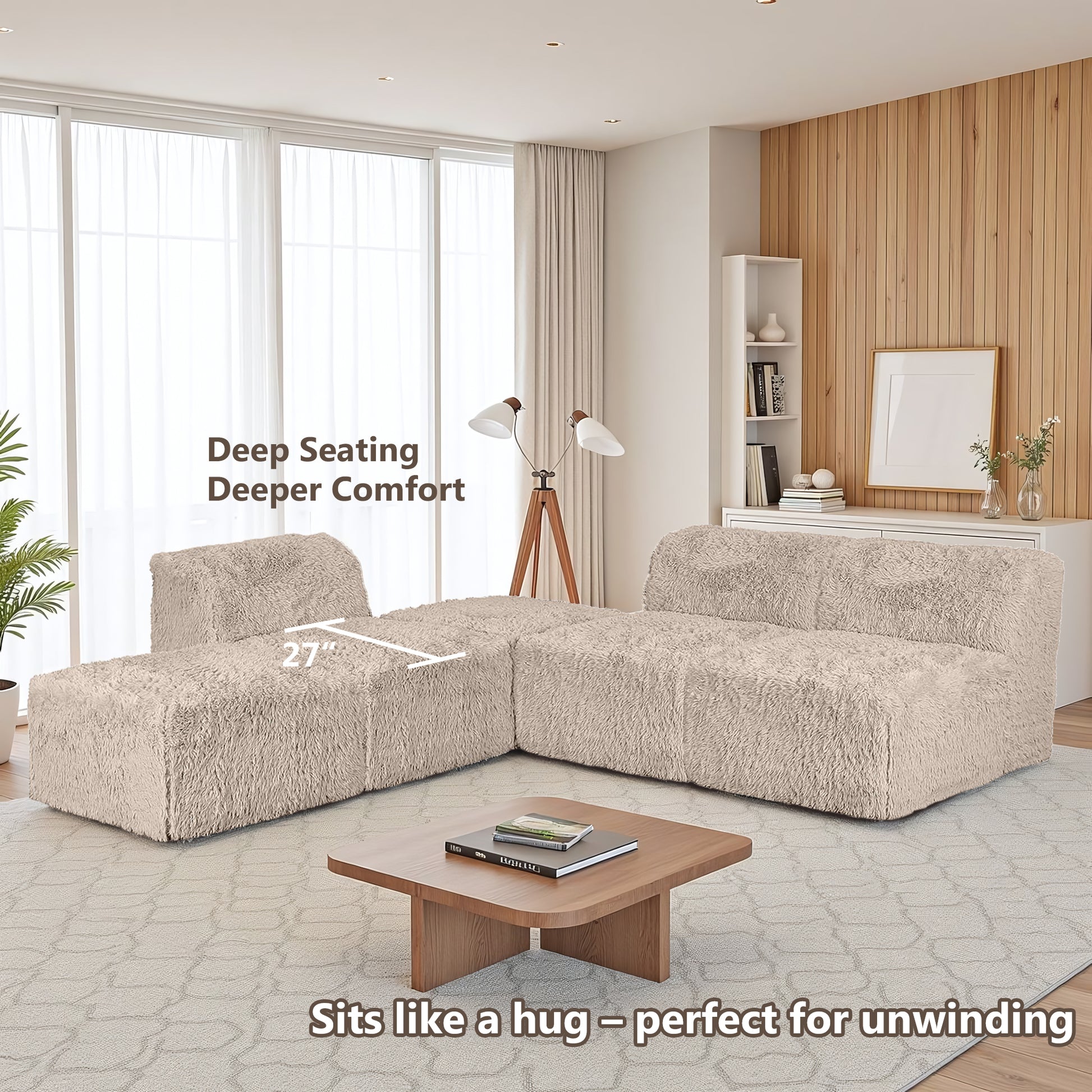 Taupe gray Modular Sectional Sofa with Asymmetrical Single Backrest  showcases its deep seating design