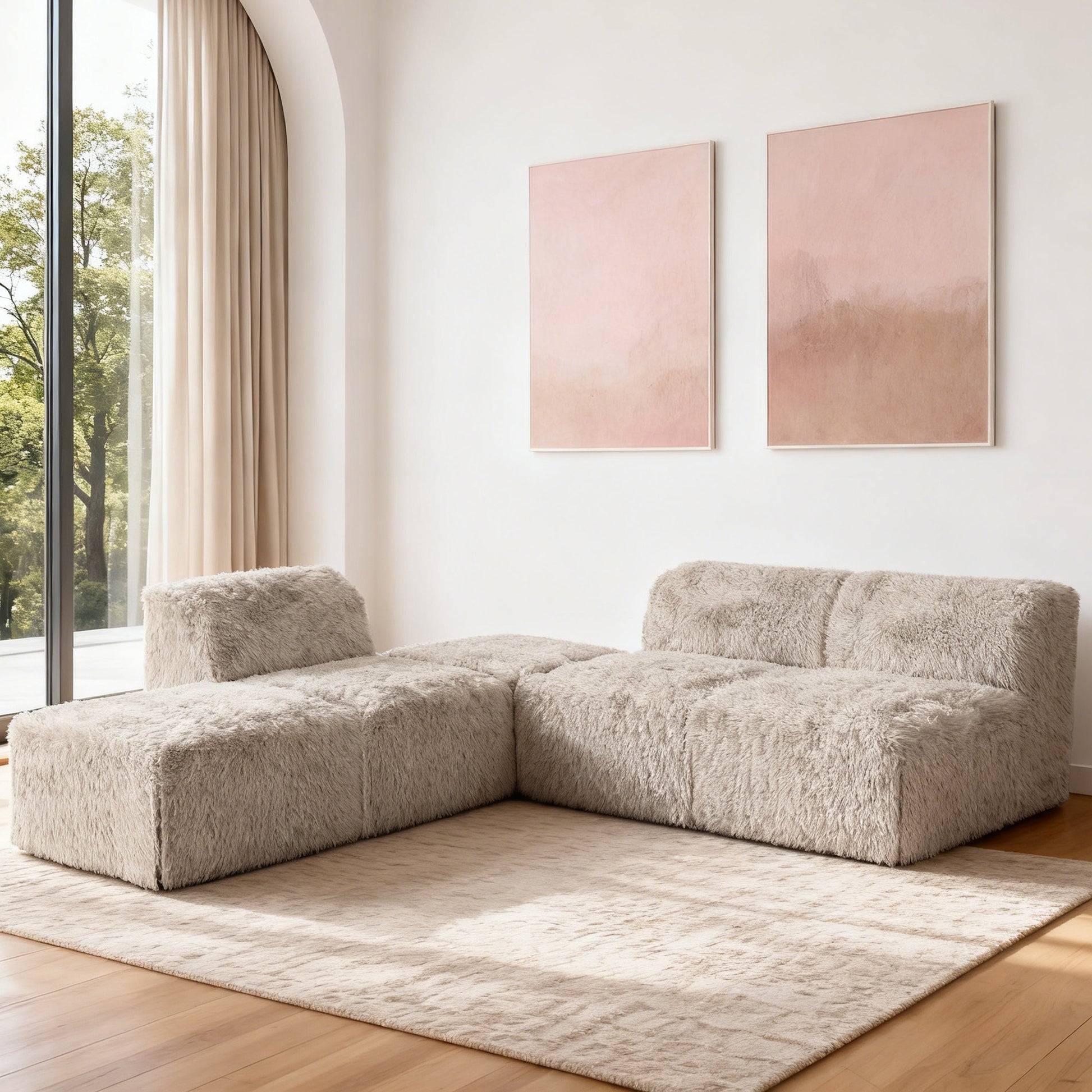 Taupe gray Modular Sectional Sofa with Asymmetrical Single Backrest   Additional lifestyle scenes showing everyday home use