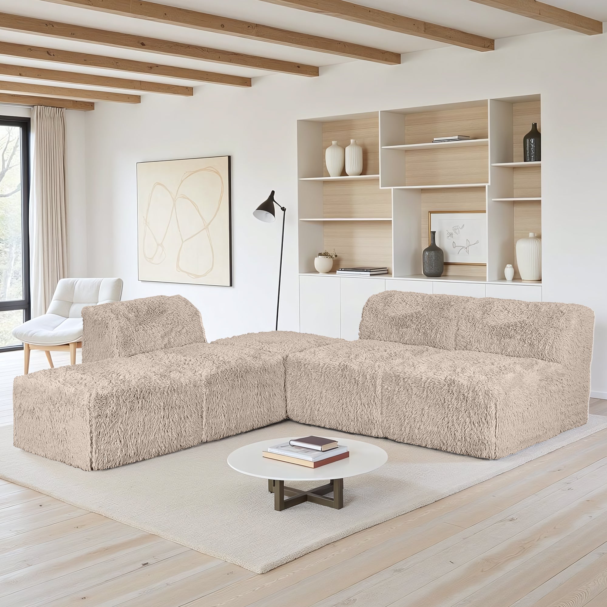 Taupe gray Modular Sectional Sofa with Asymmetrical Single Backrest  –Main Image of the Compressed Foam Faux Fur sofa