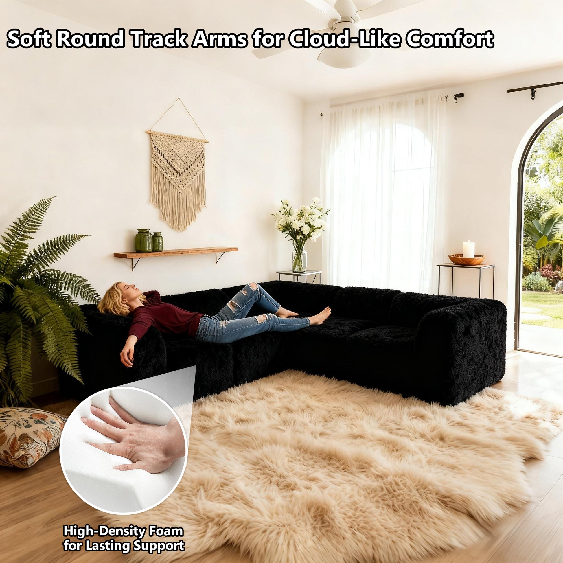 Black Sofa with Dual Arms with its rounded armrests and high-density foam support – a ladyis comfortably relaxing on the sofa