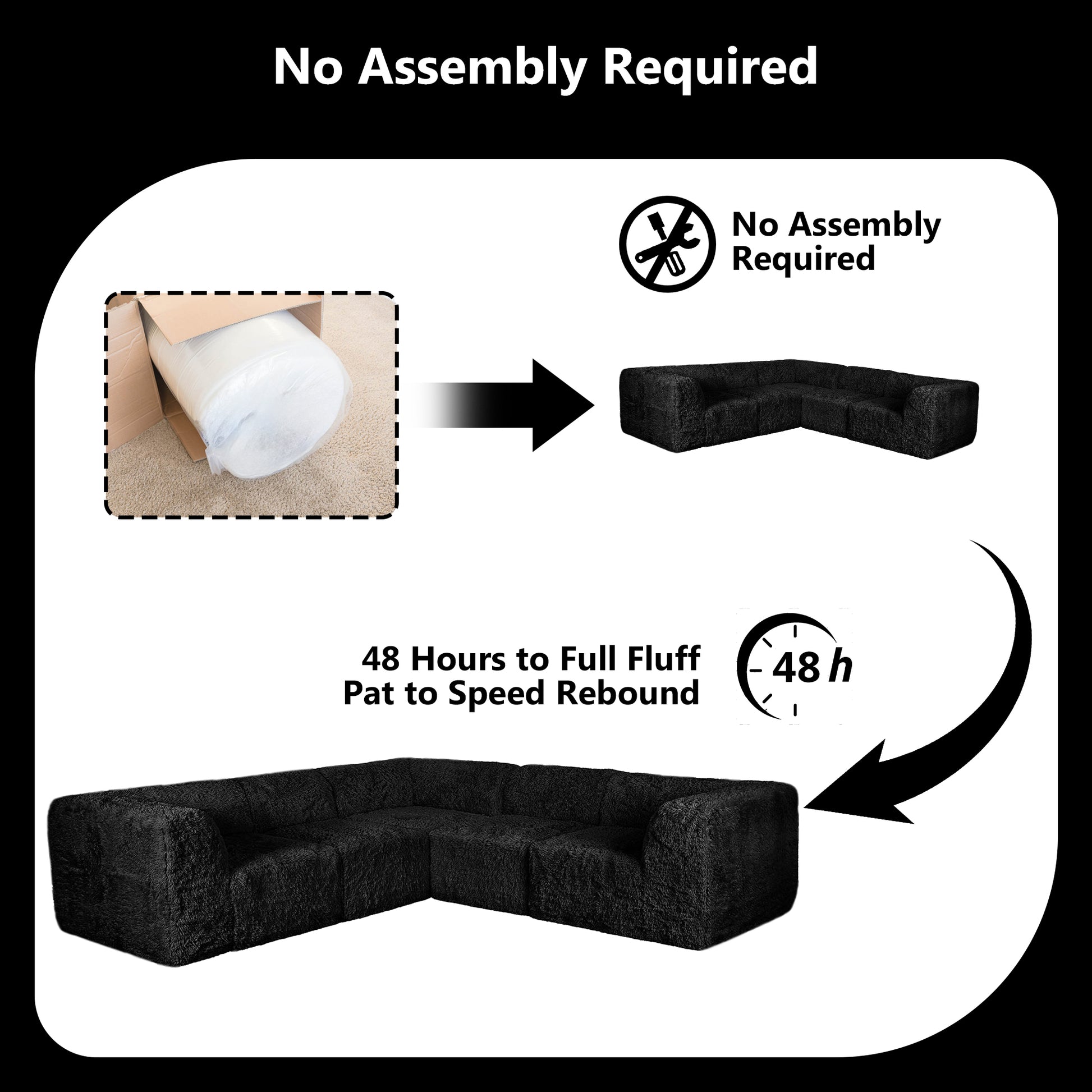Black sofa comes in simple packaging and requires no assembly.