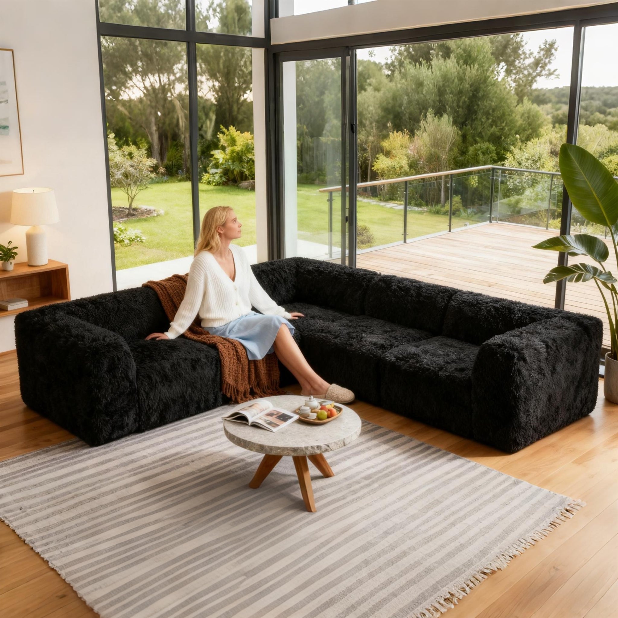 Black Sofa with Dual Arms  –Main Image of the Compressed Foam Faux Fur sofa