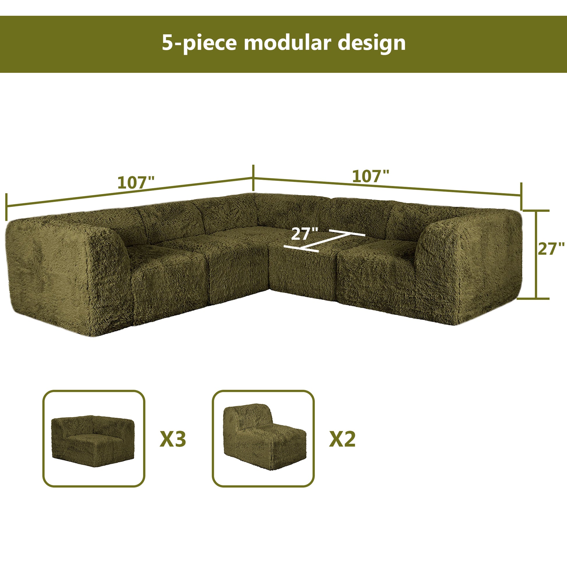 Olive green Sofa with Dual Arms–Full product dimensions chart showing length, width, height, and modular components.
