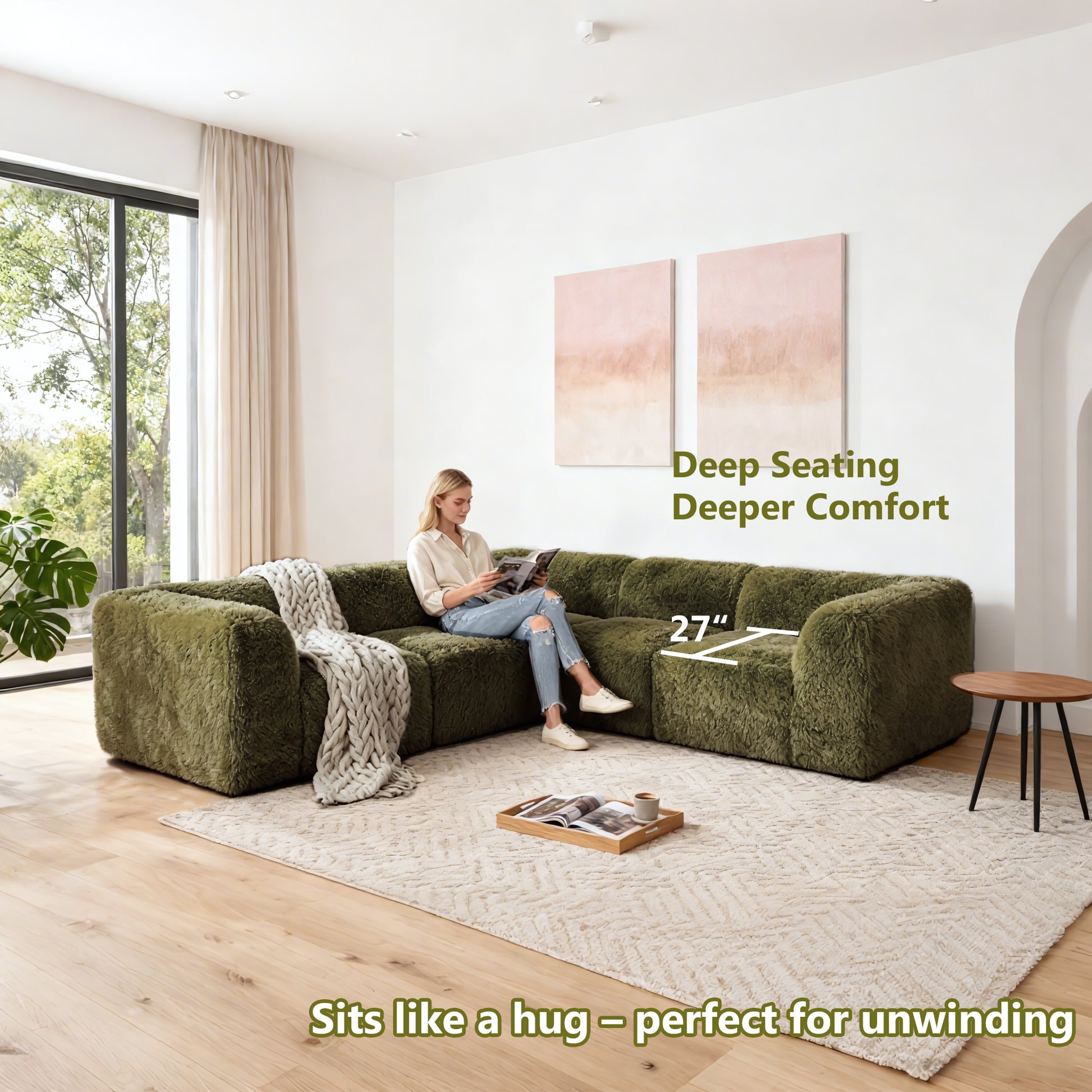 Olive green Sofa with Dual Arms showcases its deep seating design– a lady comfortably enjoys reading time on the sofa