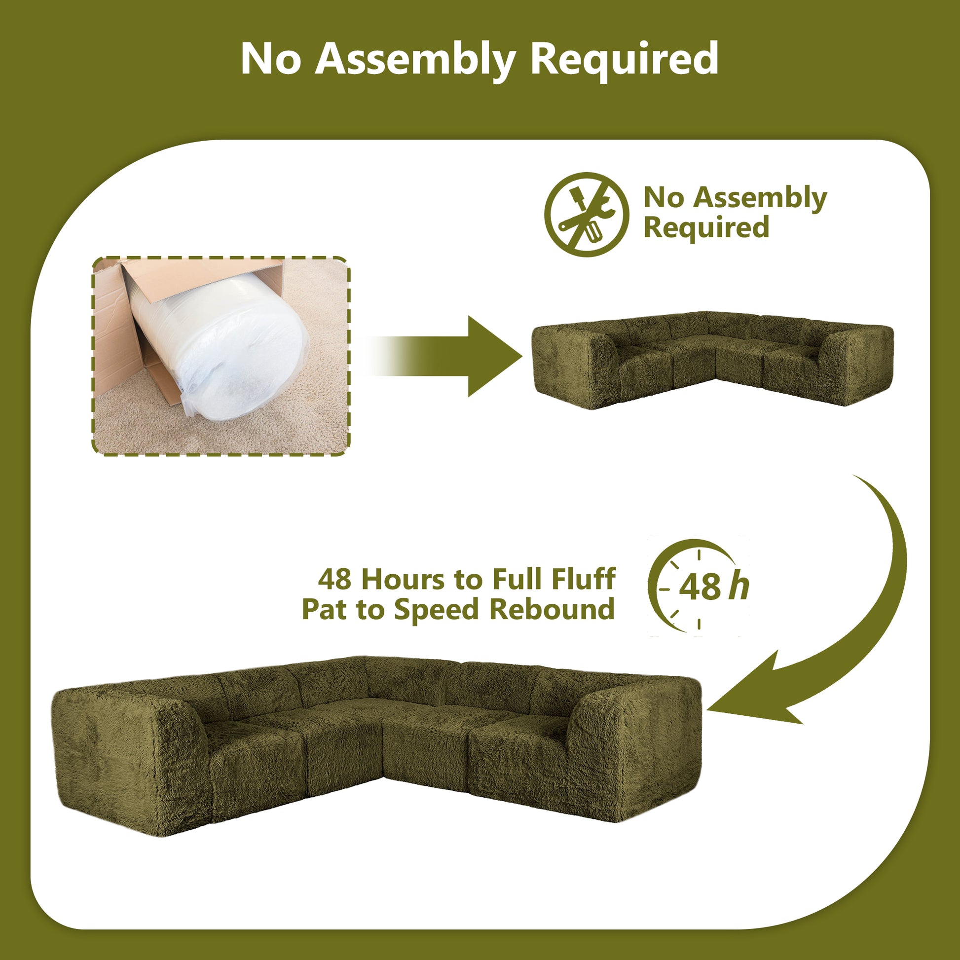 Olive green sofa comes in simple packaging and requires no assembly.