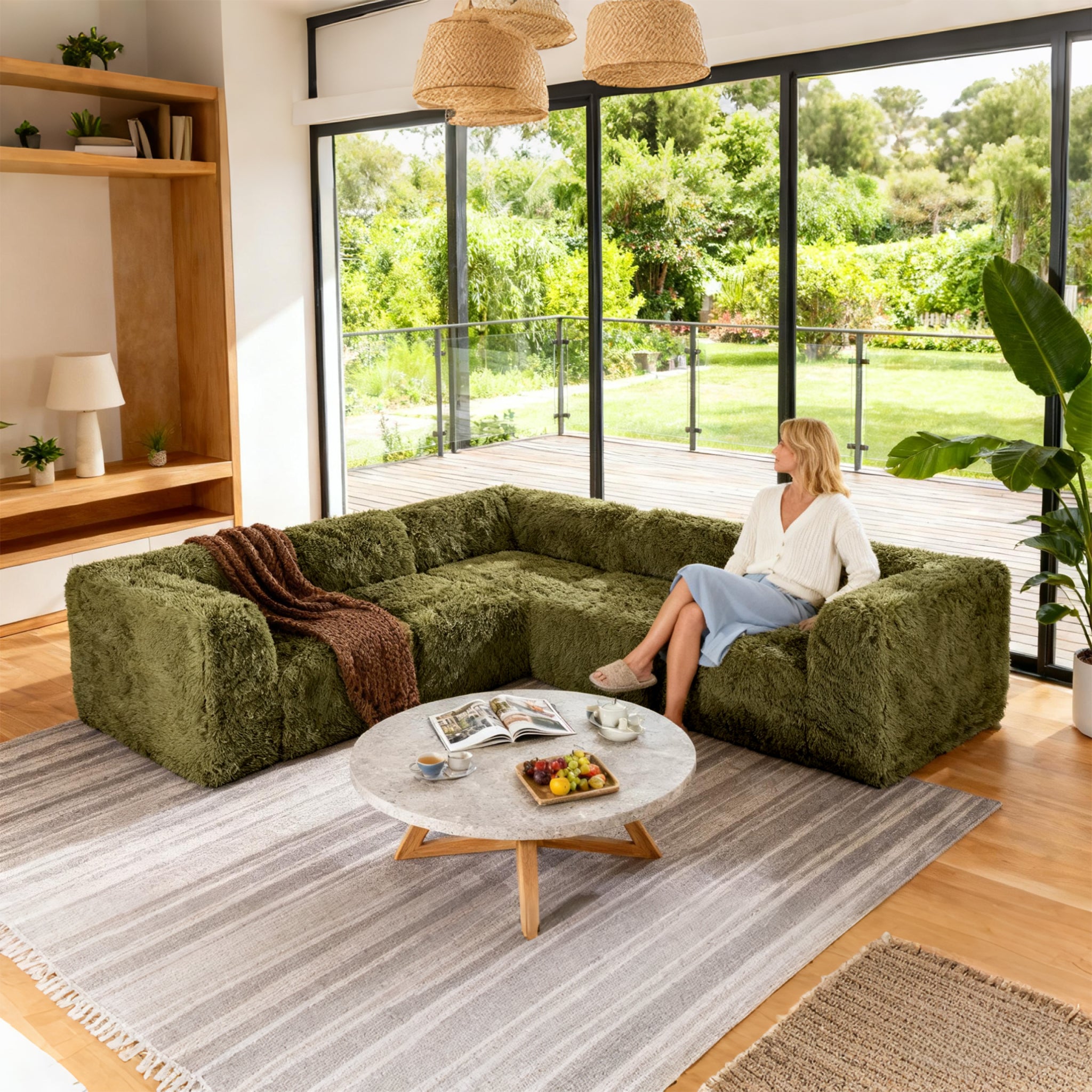 Olive green Sofa with Dual Arms  –Main Image of the Compressed Foam Faux Fur sofa