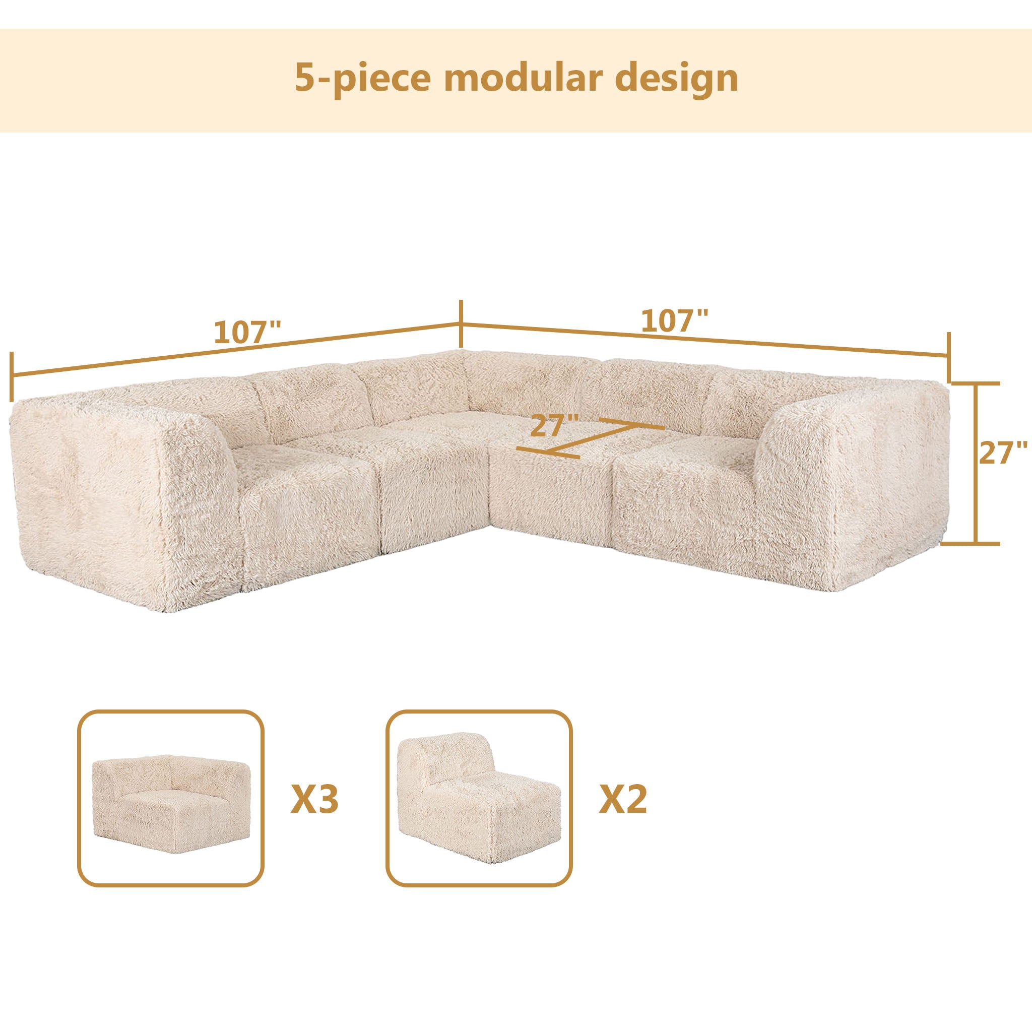 Soft sand Sofa with Dual Arms–Full product dimensions chart showing length, width, height, and modular components.