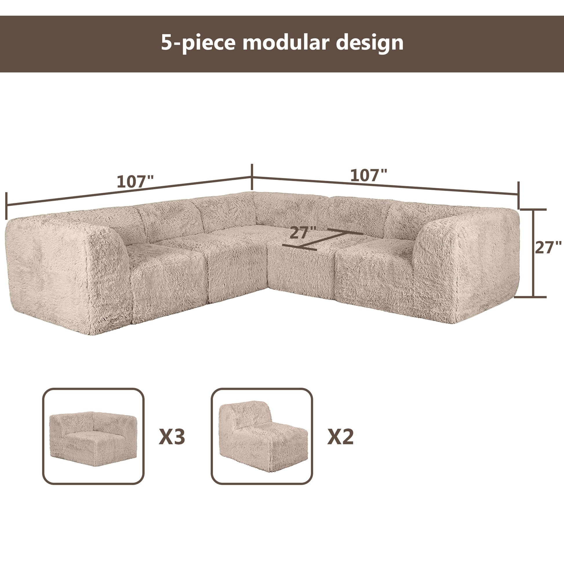 Taupe gray Sofa with Dual Arms–Full product dimensions chart showing length, width, height, and modular components.