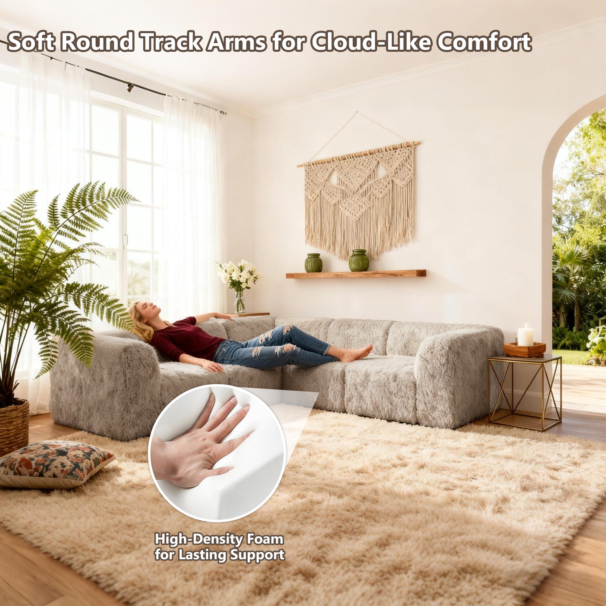 Taupe gray Sofa with Dual Arms with its rounded armrests and high-density foam support – a ladyis comfortably relaxing on the sofa