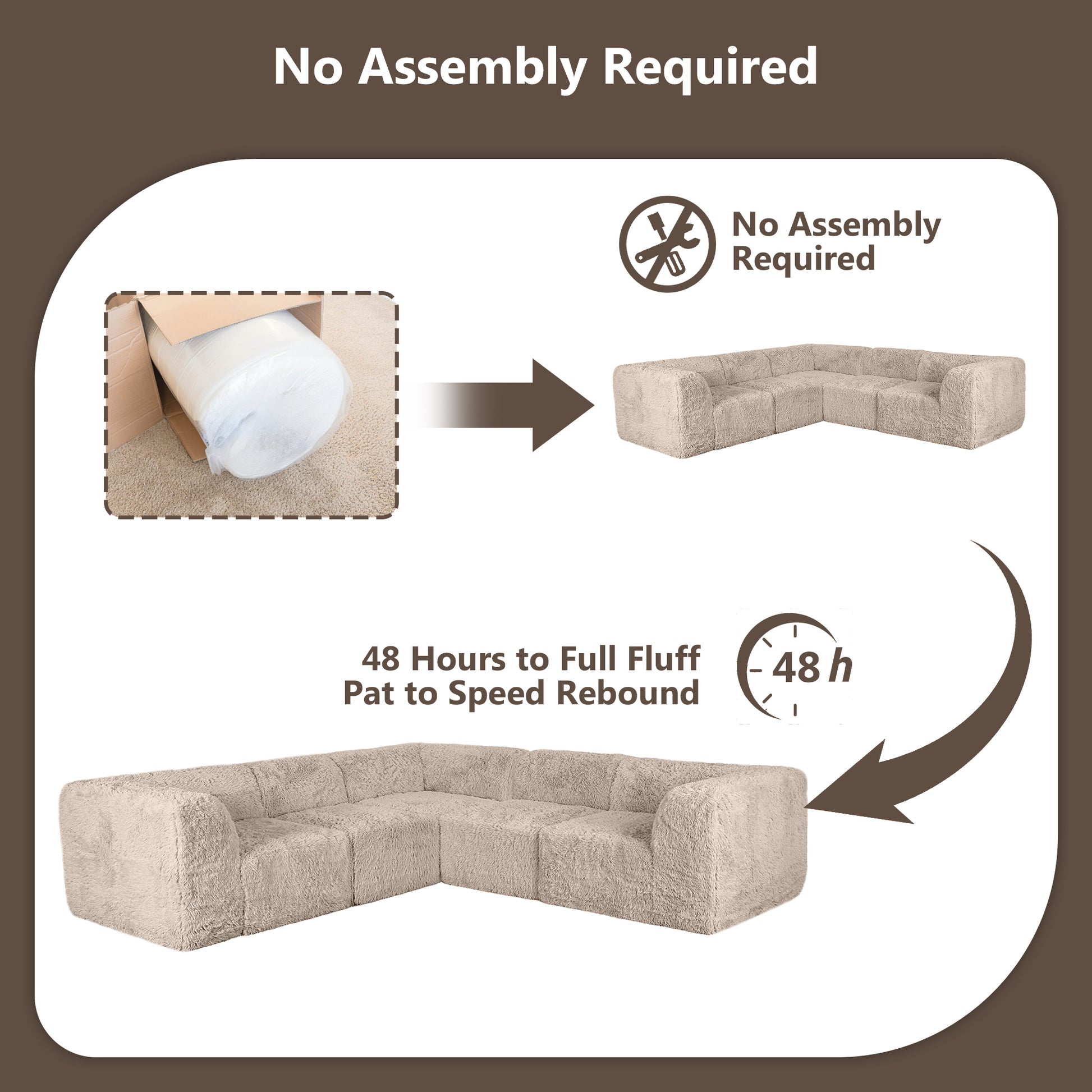 Taupe gray sofa comes in simple packaging and requires no assembly.