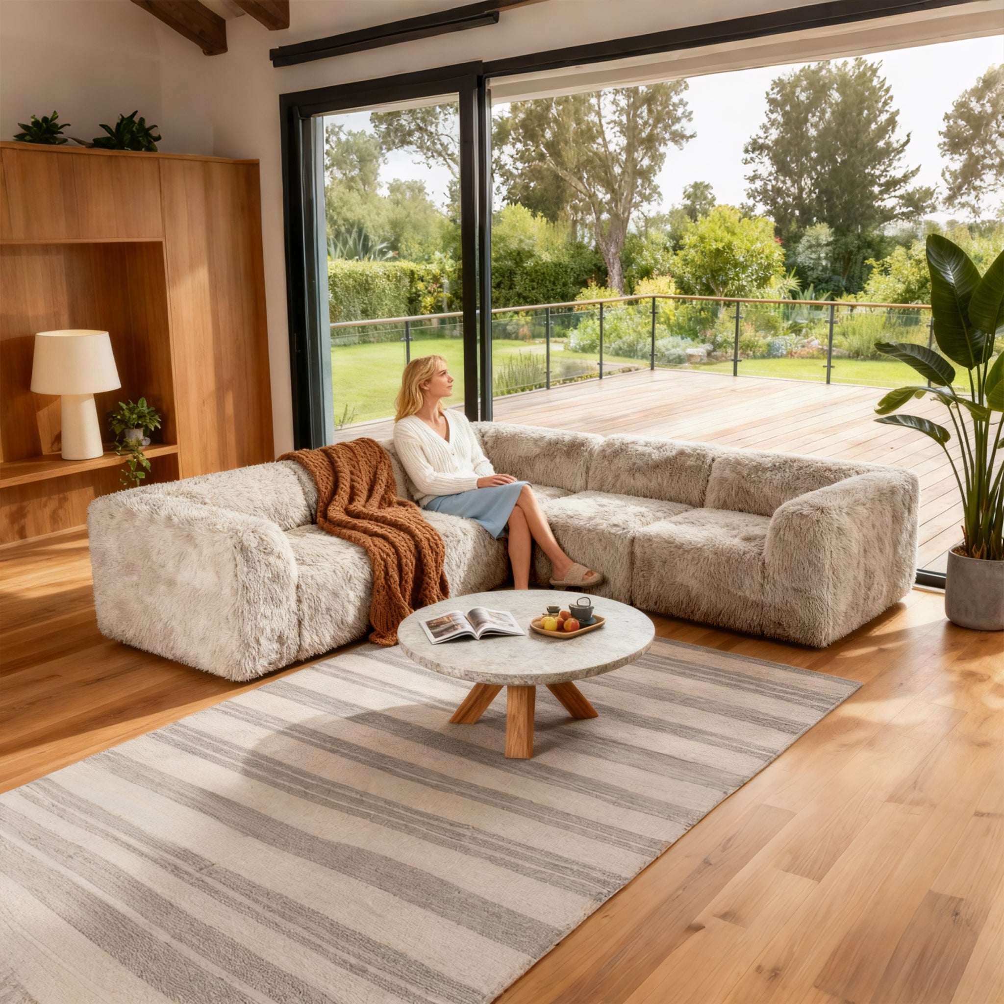 Taupe gray Sofa with Dual Arms  –Main Image of the Compressed Foam Faux Fur sofa