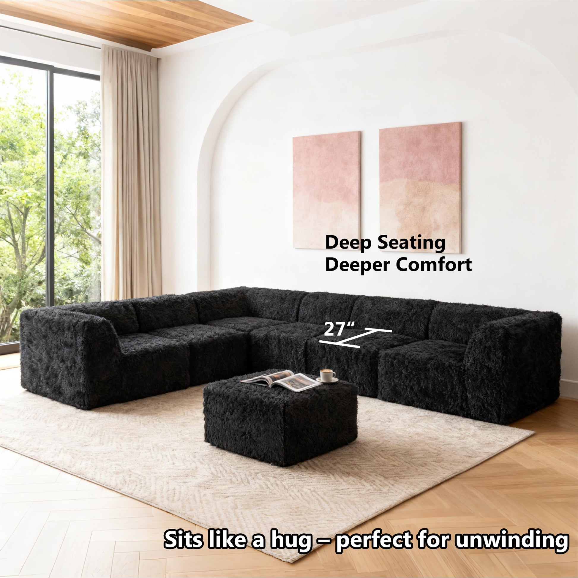 Black   L-Sectional  Sofa with Ottoman showcases its deep seating design