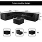 Black   L-Sectional  Sofa with Ottoman –Full product dimensions chart showing length, width, height, and modular components.