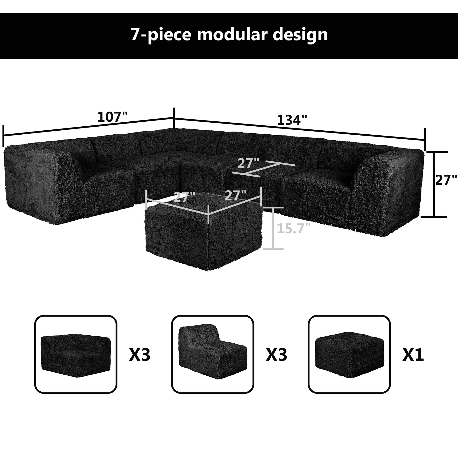 Black   L-Sectional  Sofa with Ottoman –Full product dimensions chart showing length, width, height, and modular components.
