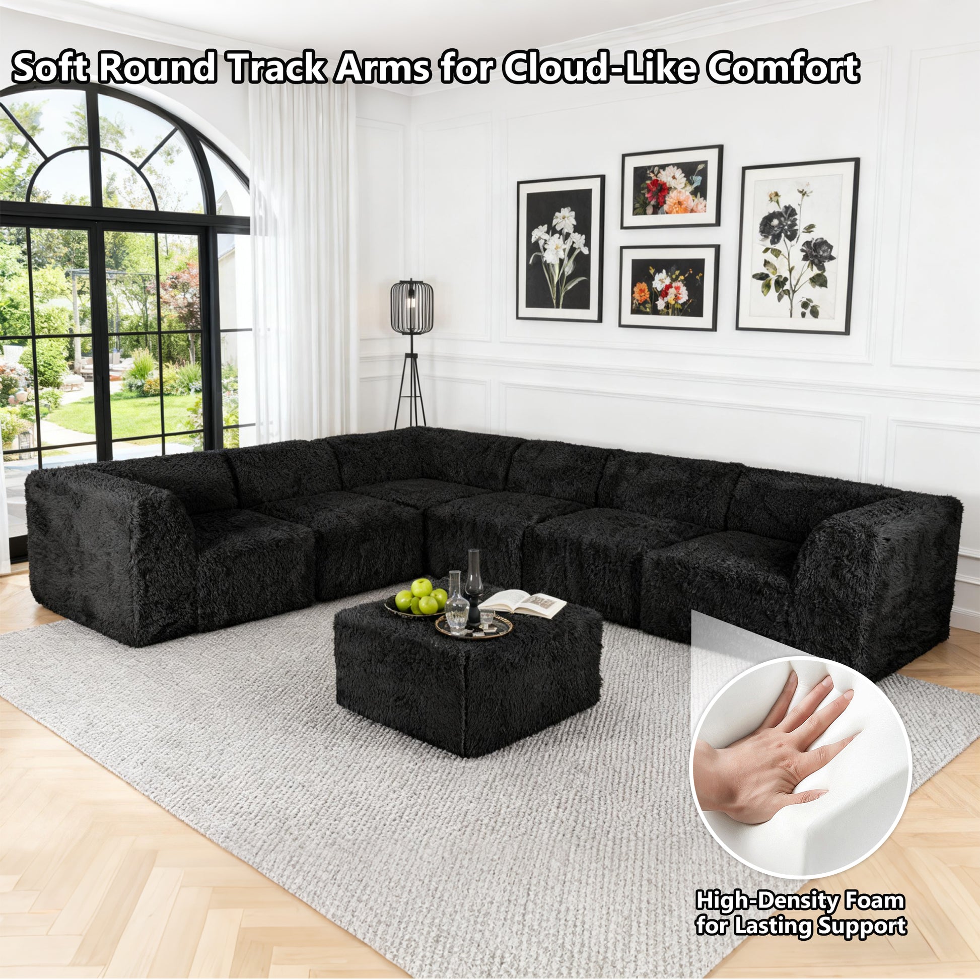 Black   L-Sectional  Sofa with Ottoman with its rounded armrests and high-density foam support