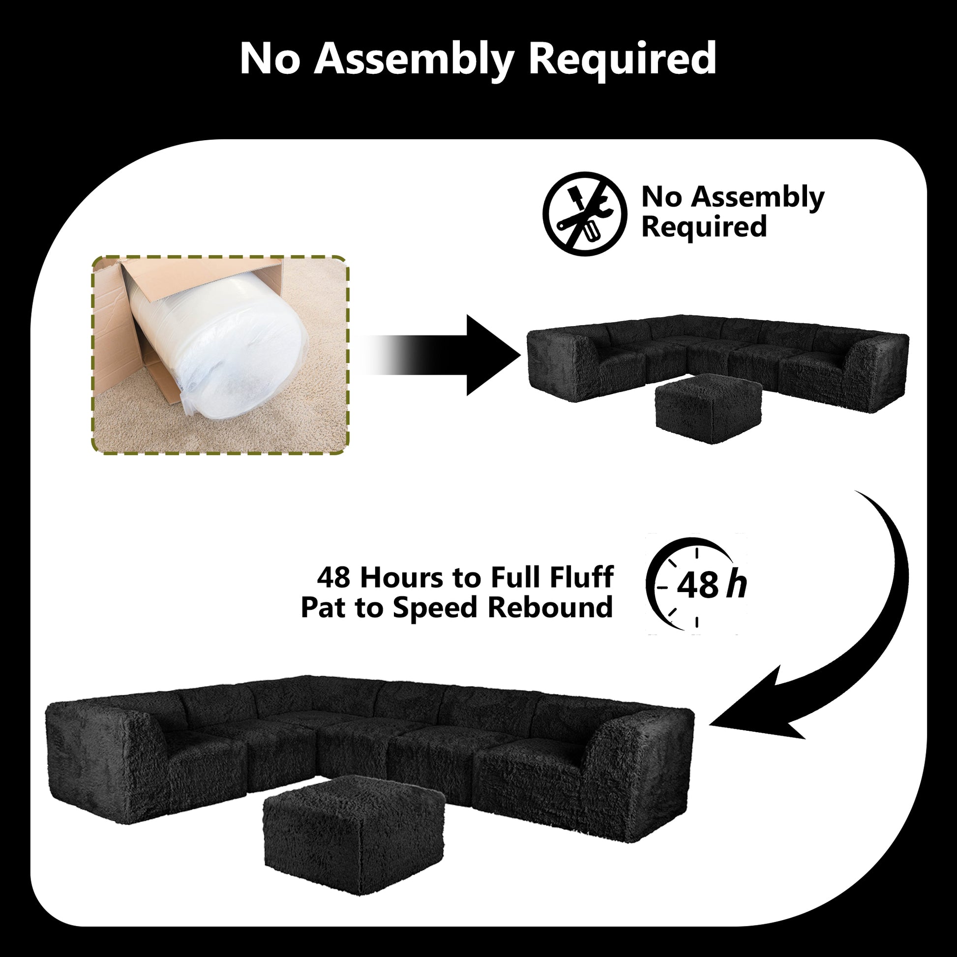 Black  sofa comes in simple packaging and requires no assembly.