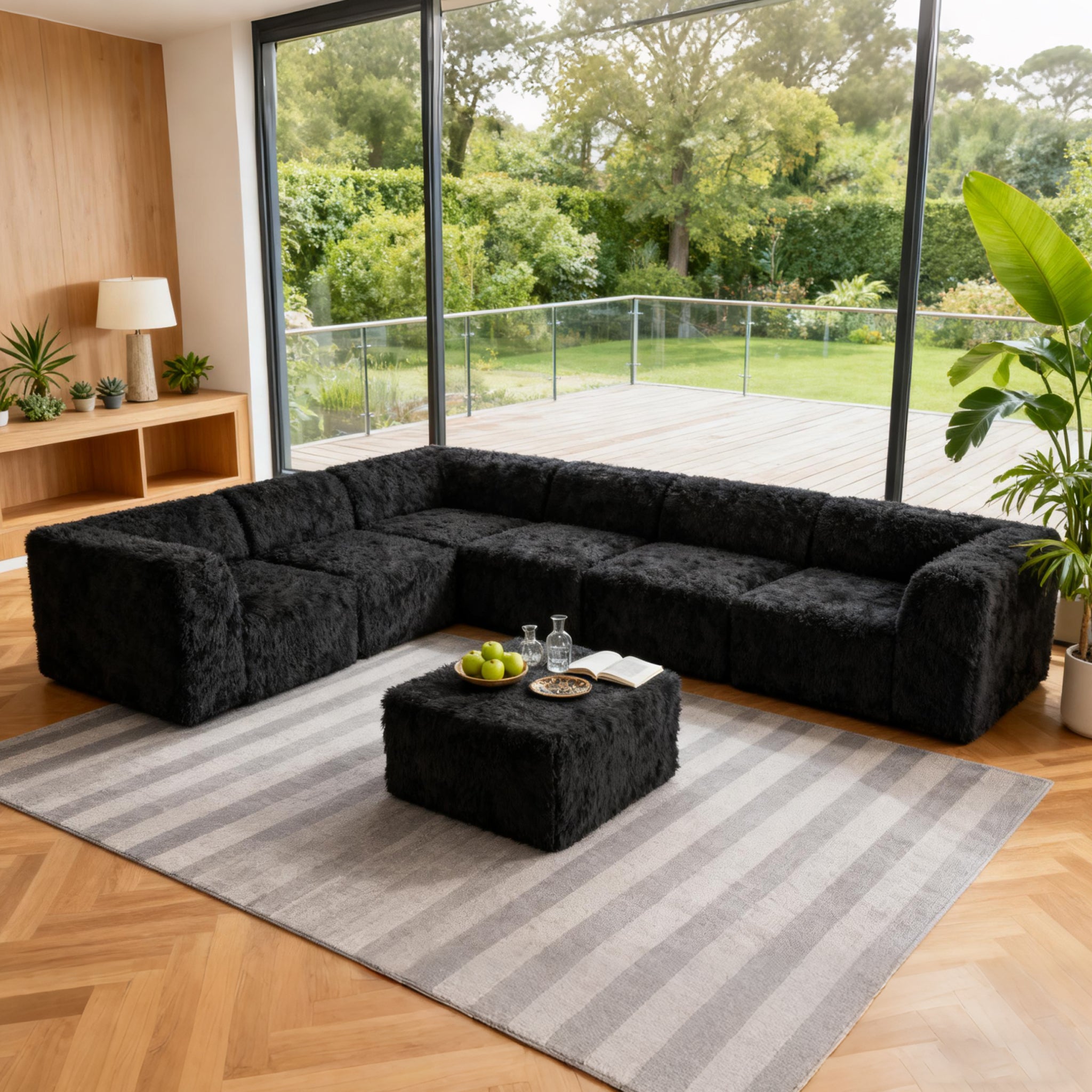 Black  L-Sectional  Sofa with Ottoman –Main Image of the Compressed Foam Faux Fur Modular sofa