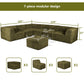 Olive green  L-Sectional  Sofa with Ottoman –Full product dimensions chart showing length, width, height, and modular components.