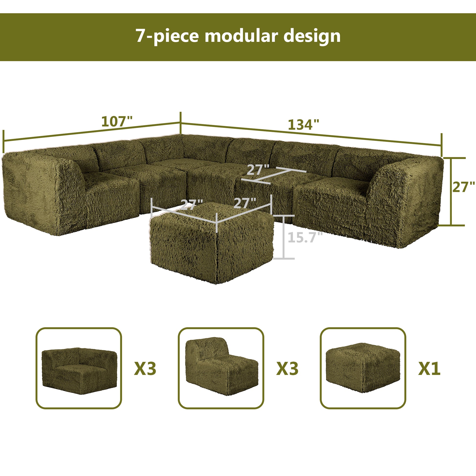 Olive green  L-Sectional  Sofa with Ottoman –Full product dimensions chart showing length, width, height, and modular components.