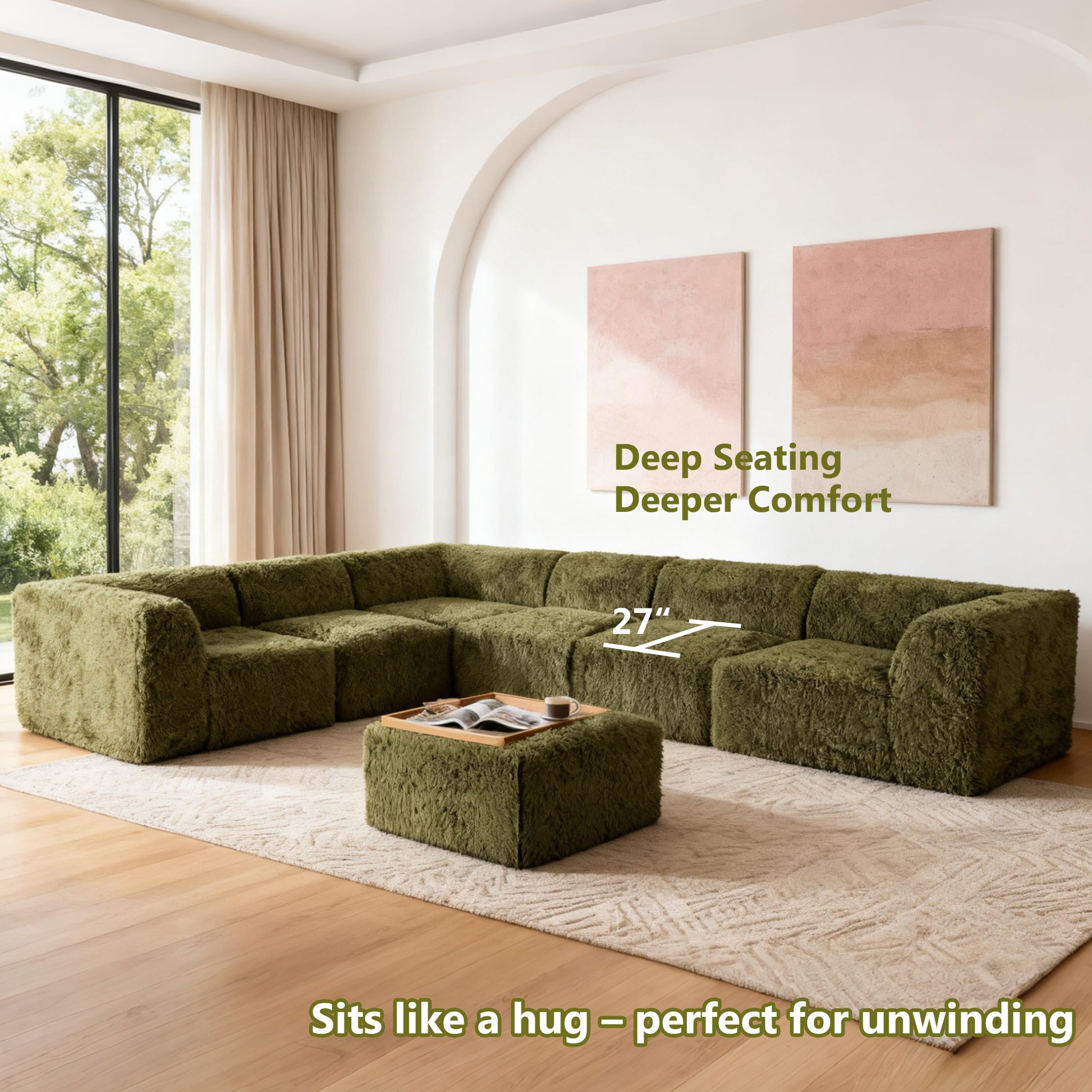 Olive green  L-Sectional  Sofa with Ottoman showcases its deep seating design