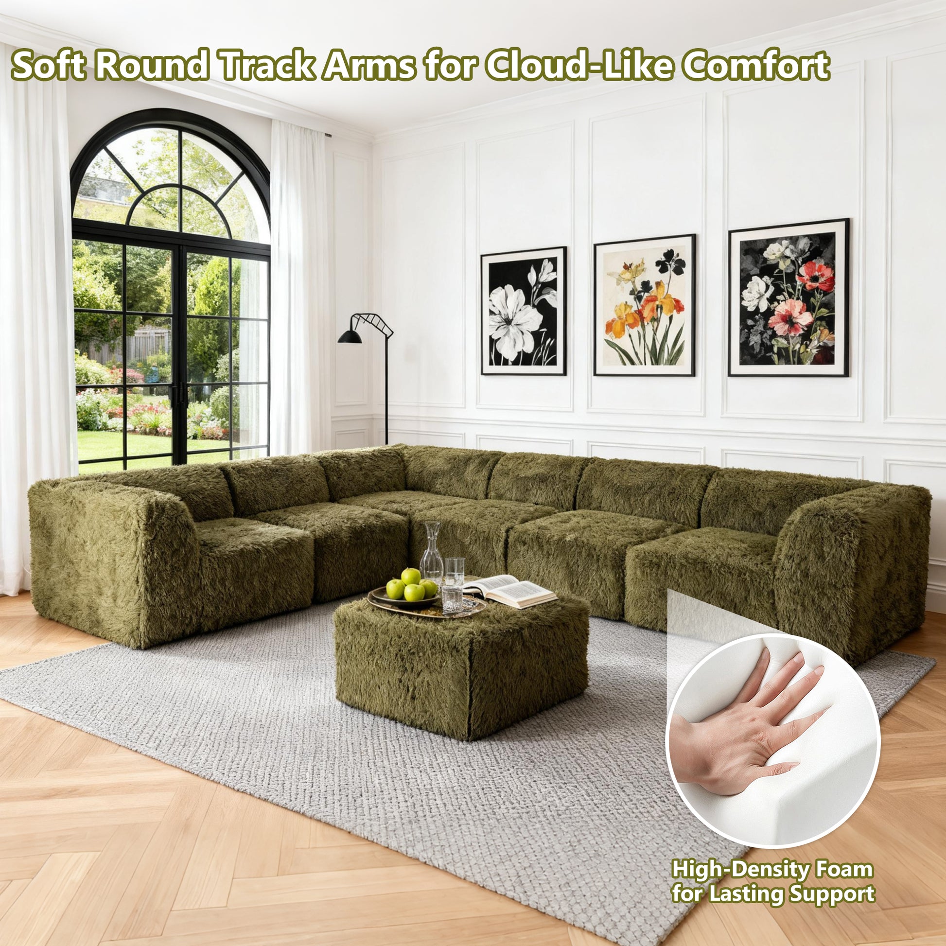 Olive green  L-Sectional  Sofa with Ottoman with its rounded armrests and high-density foam support