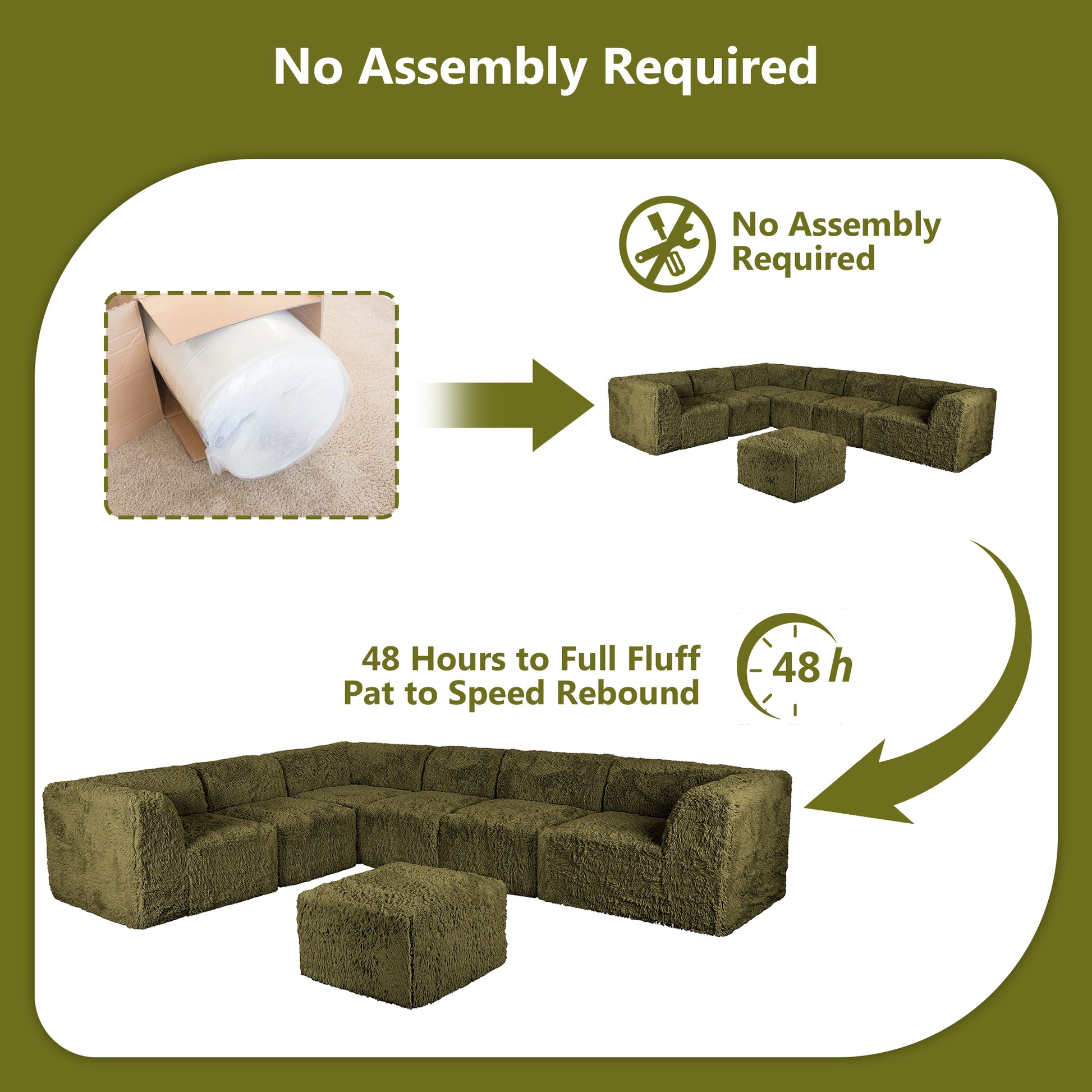 Olive green sofa comes in simple packaging and requires no assembly.