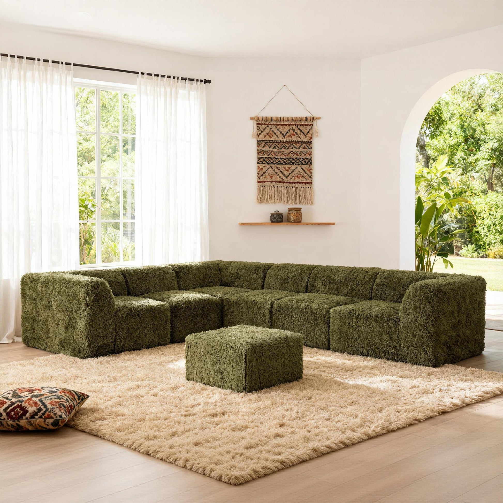Olive green L-Sectional  Sofa with Ottoman  Additional lifestyle scenes showing everyday home use