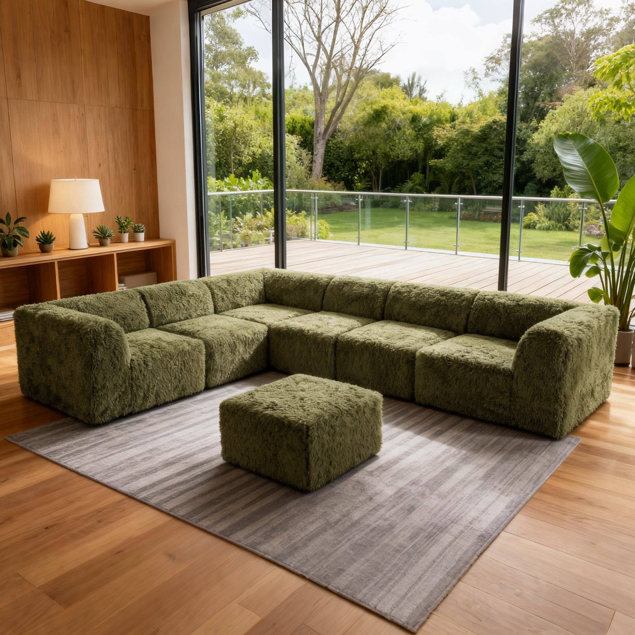 Olive green L-Sectional  Sofa with Ottoman –Main Image of the Compressed Foam Faux Fur Modular sofa