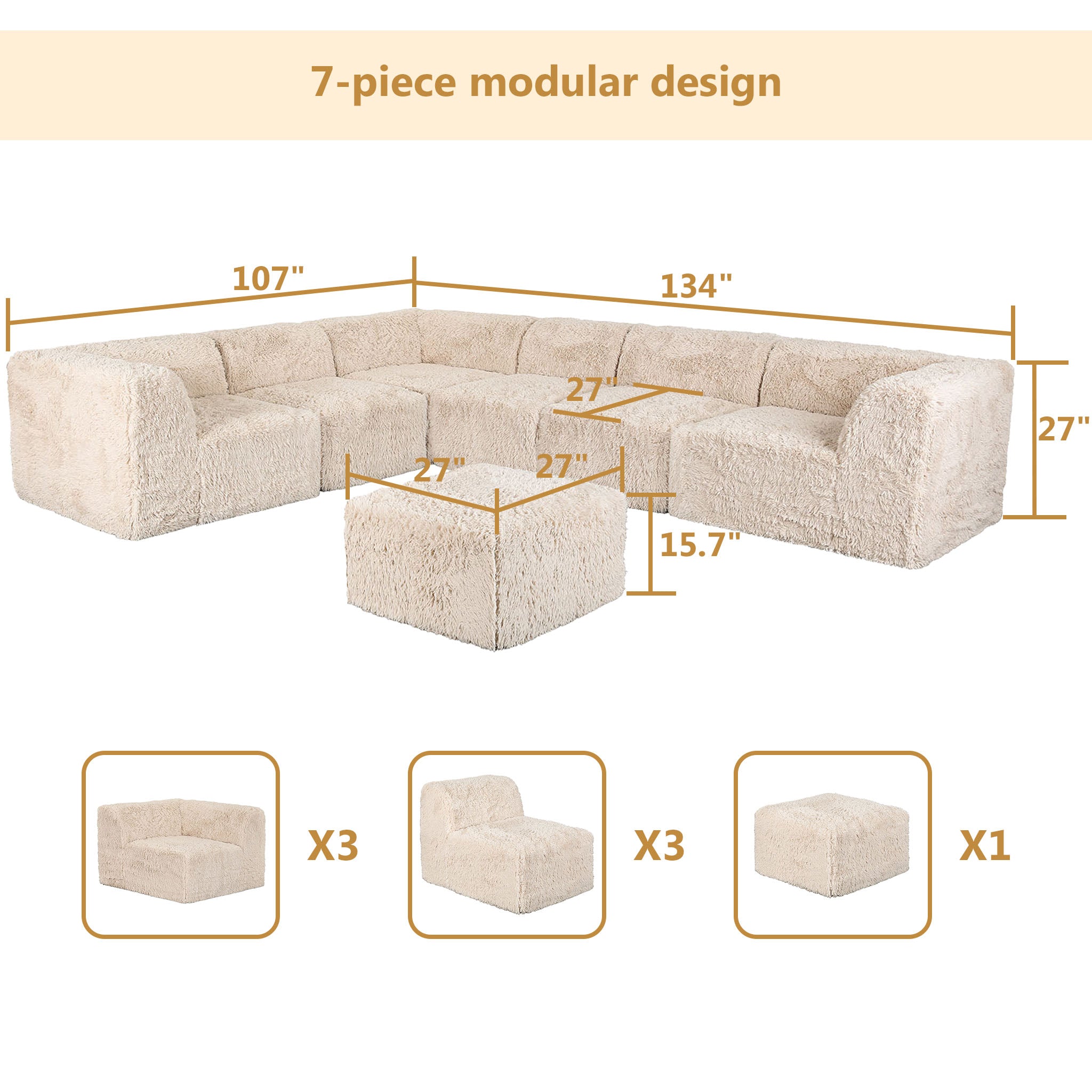 Soft sand  L-Sectional  Sofa with Ottoman –Full product dimensions chart showing length, width, height, and modular components.