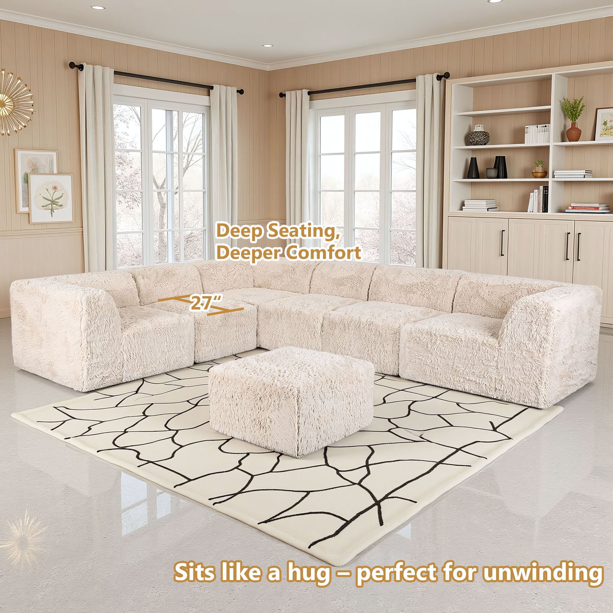 Soft sand  L-Sectional  Sofa with Ottoman showcases its deep seating design