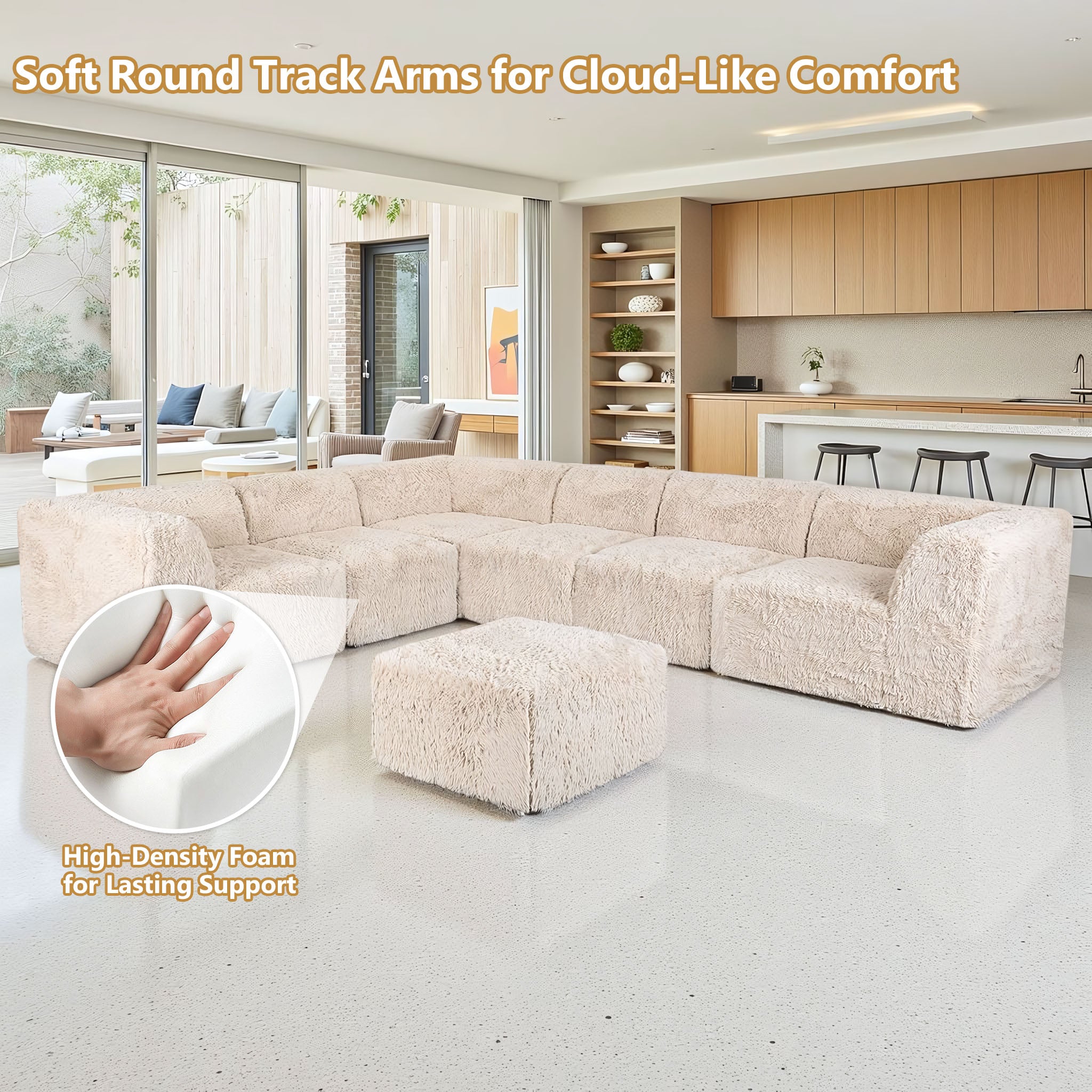 Soft sand  L-Sectional  Sofa with Ottoman with its rounded armrests and high-density foam support