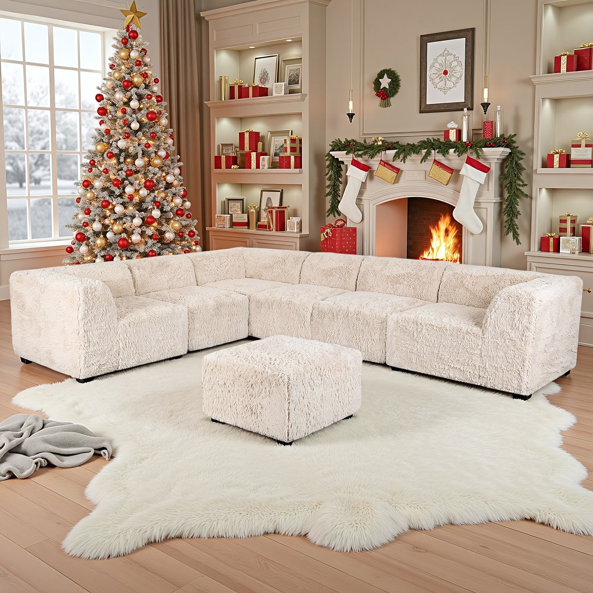 Soft sand L-Sectional  Sofa with Ottoman  Additional lifestyle scenes showing everyday home use